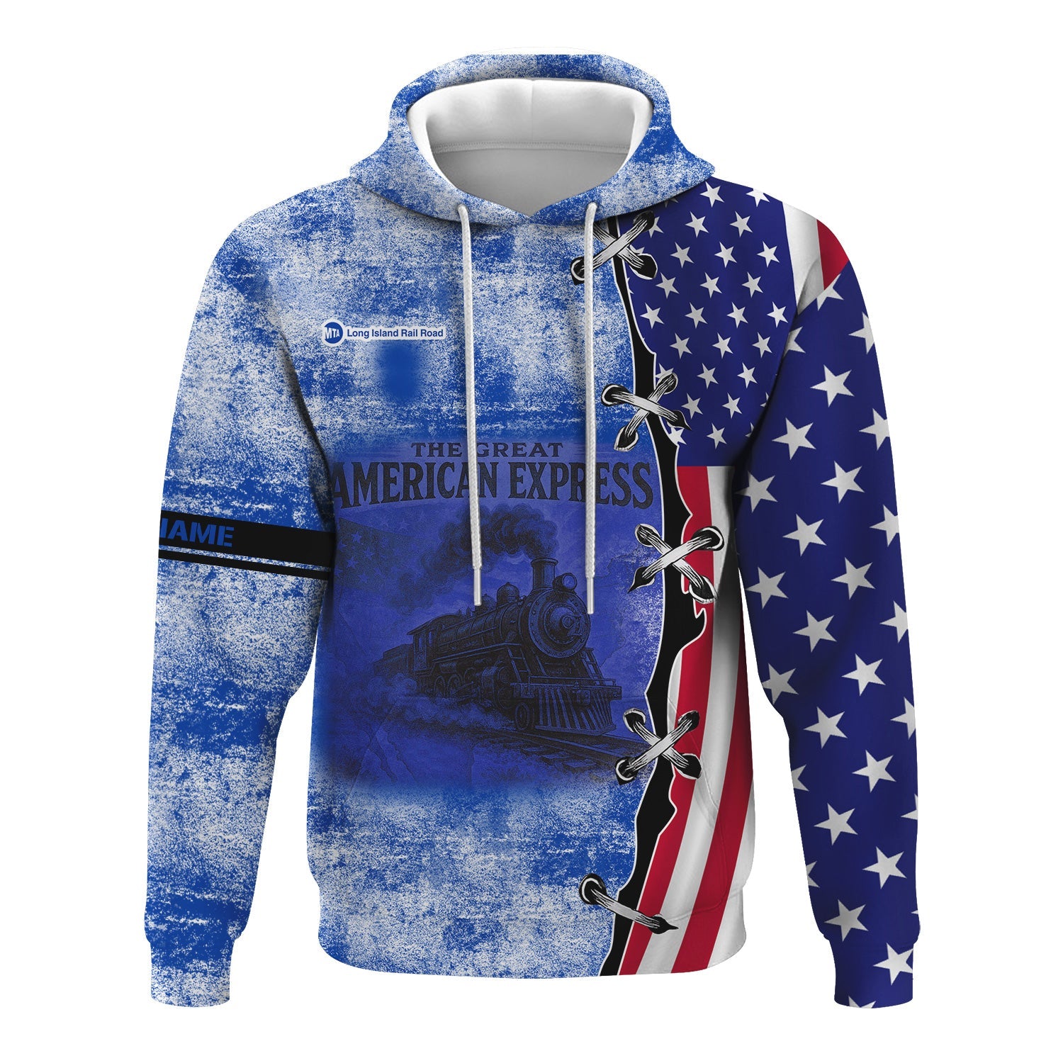 Railspirit Personalized Long Island Railroad Hoodie Retro American Express Train With USA Flag Zip Up Hoodie
