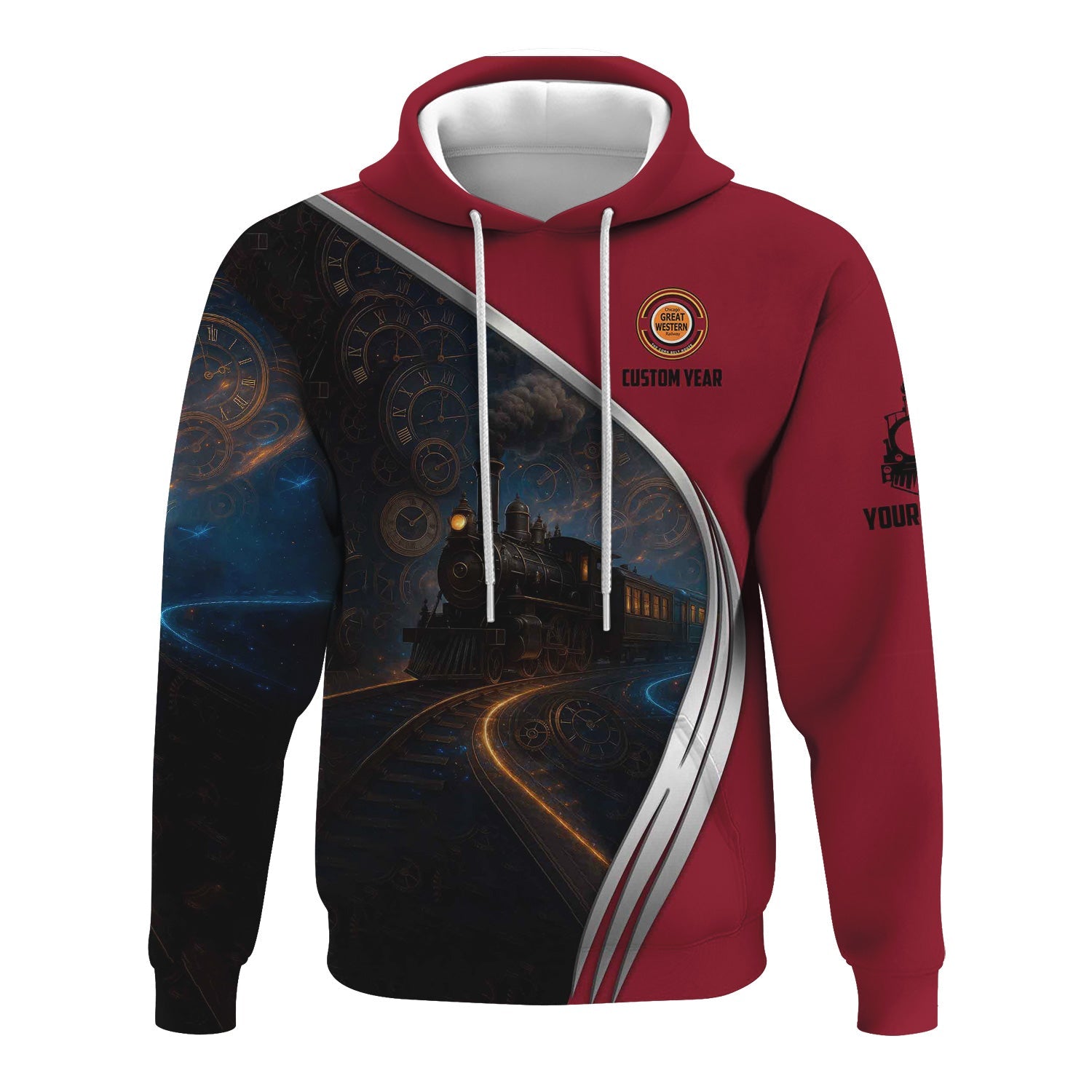 Railspirit Personalized Chicago Great Western Railroad Hoodie Steampunk Locomotive with Custom Year Train Zip Up Hoodie