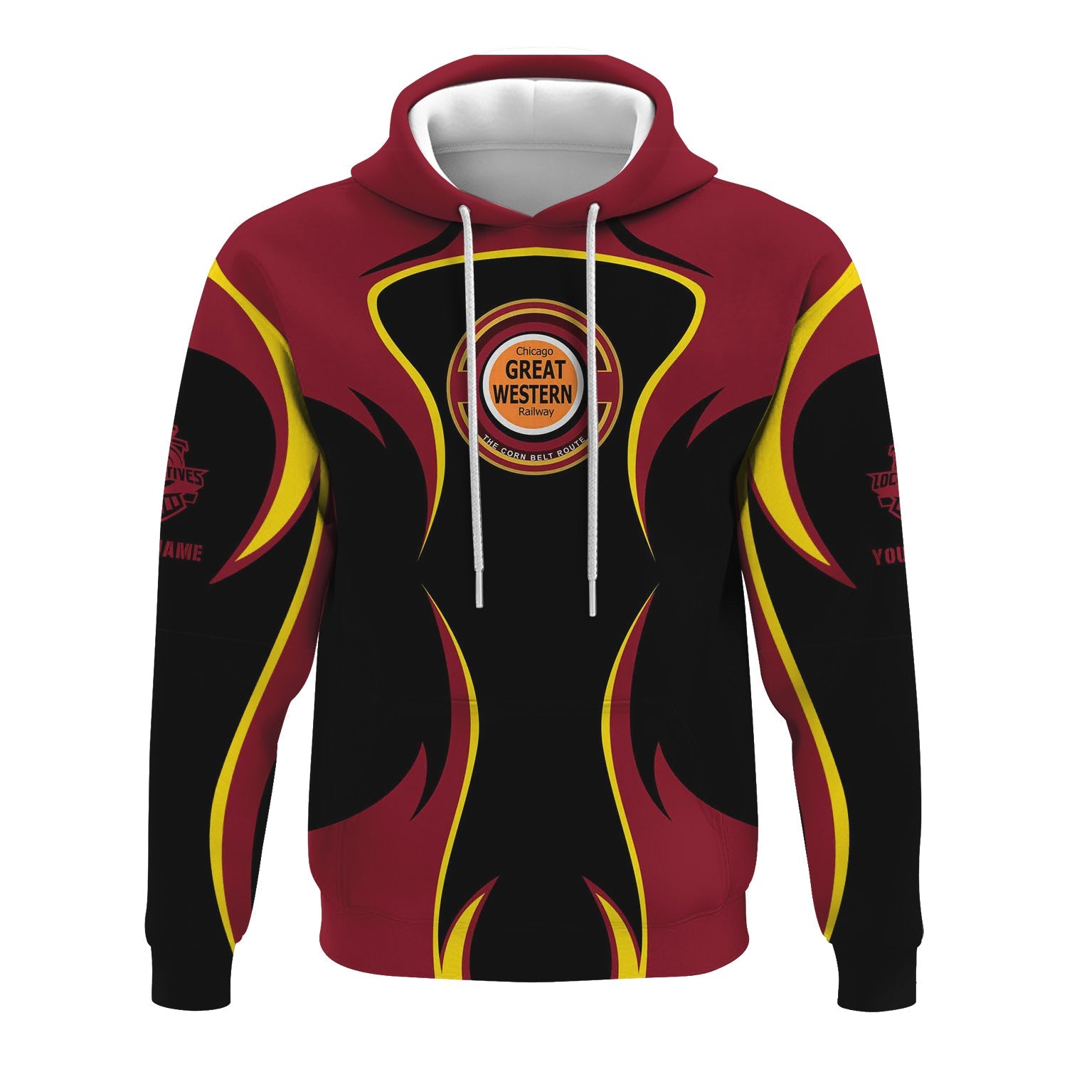 Railspirit Personalized Chicago Great Western Railroad Hoodie Distinctive Flame Style Zip Up Hoodie For Steam Engine Addict