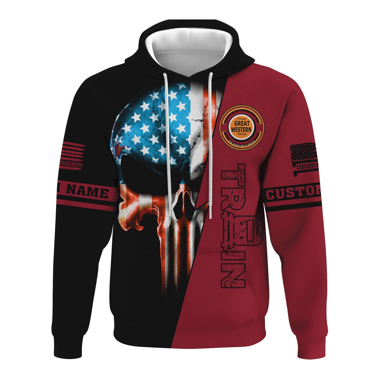 Railspirit Personalized Chicago Great Western Railroad Hoodie Train Skull American Flag Zip Up Hoodie All Over Print
