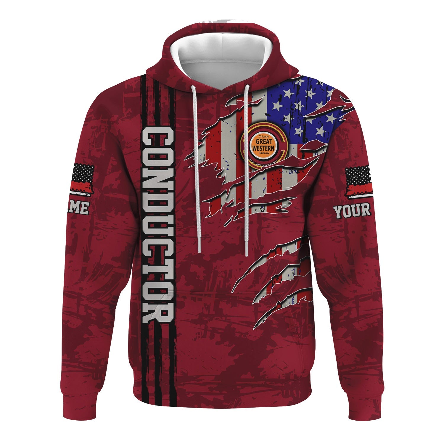 Railspirit Personalized Chicago Great Western Railroad Hoodie USA Flag Claw Art with Custom Job Train Zip Up Hoodie
