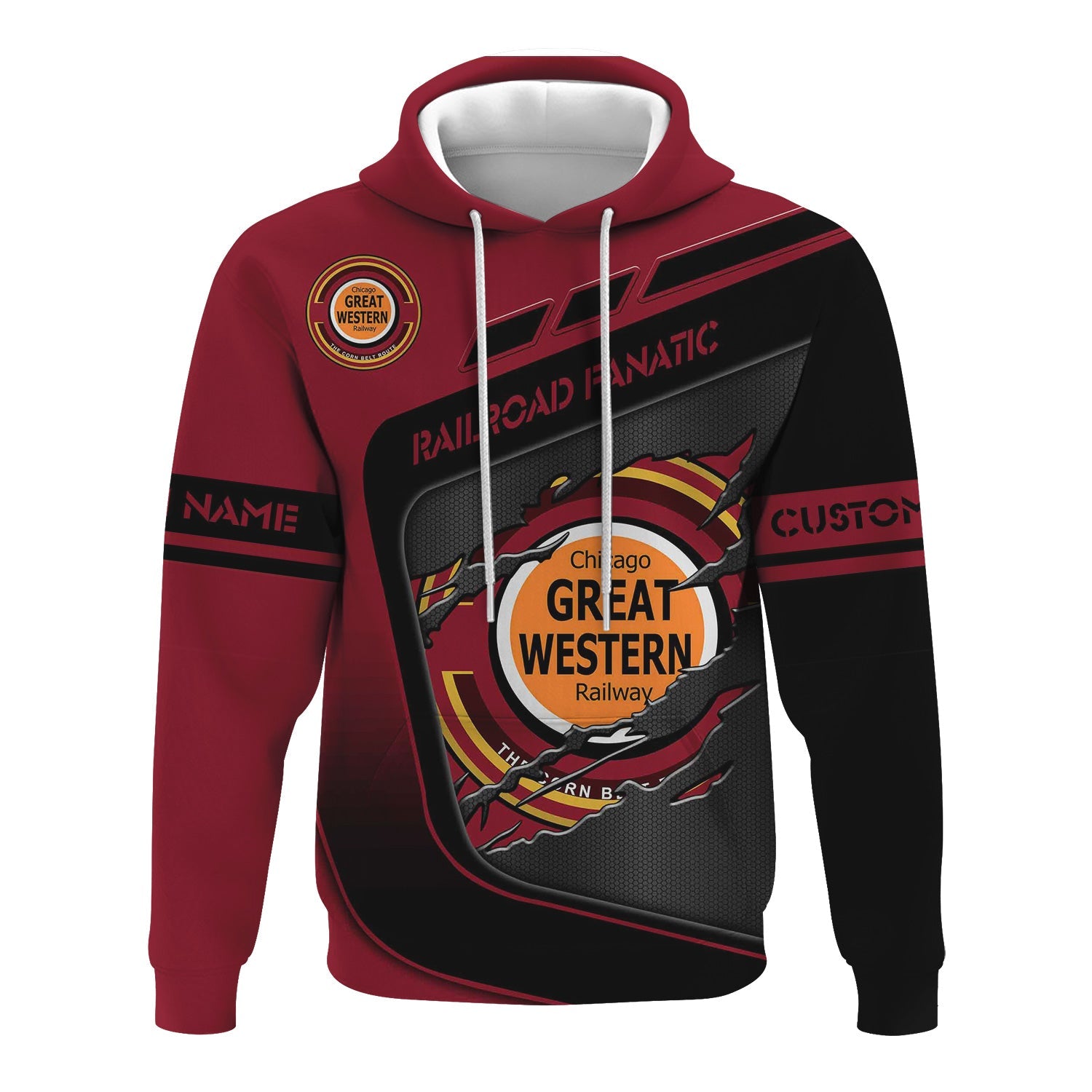 Railspirit Personalized Chicago Great Western Railroad Hoodie Ripped Texture Style Train Zip Up Hoodie For Railroad Fanatic