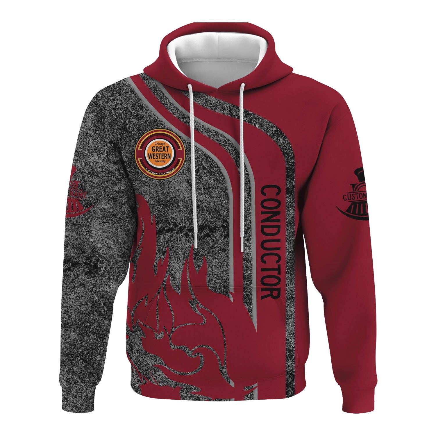 Railspirit Personalized Chicago Great Western Railroad Hoodie Flame Design with Custom Job Position Train Zip Up Hoodie
