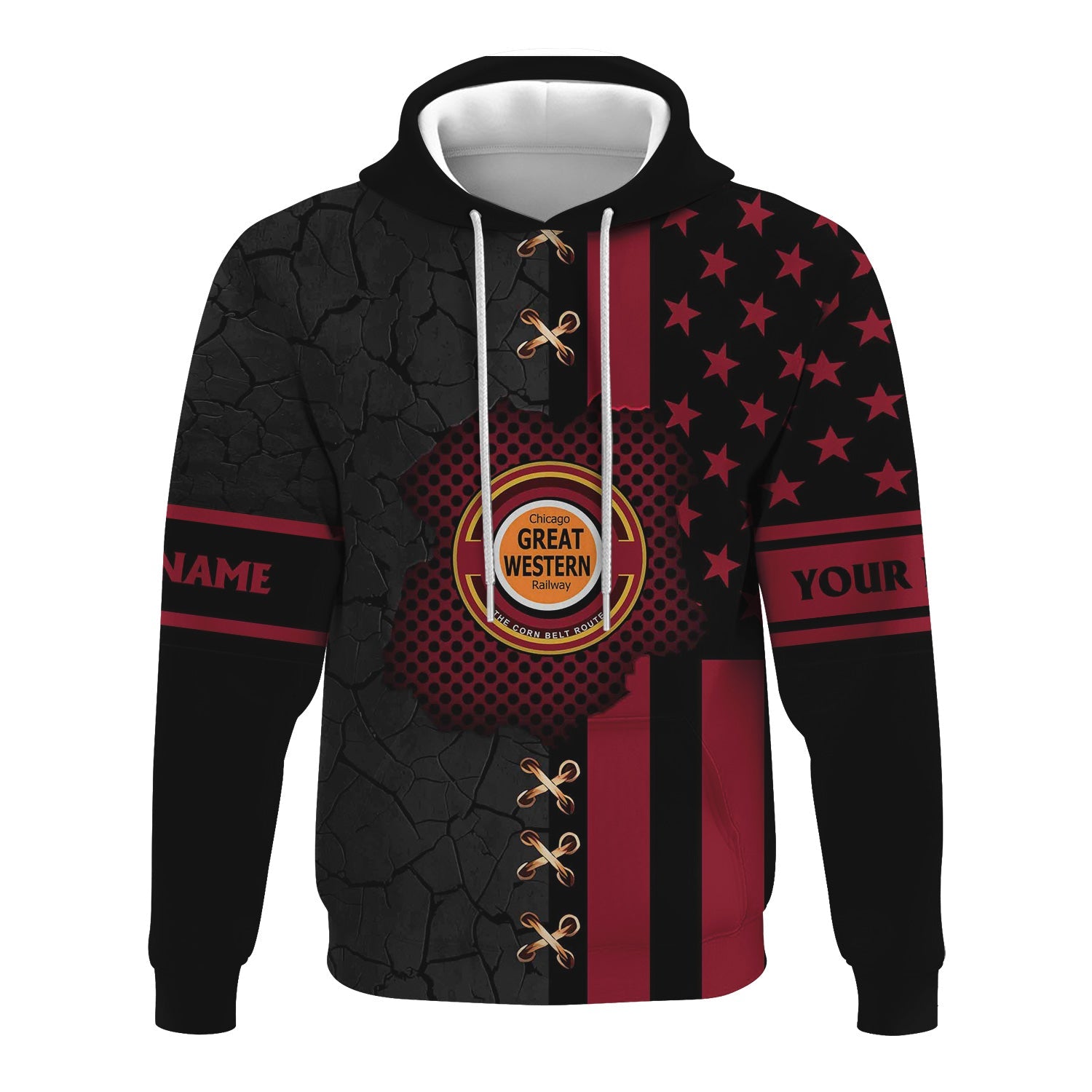 Railspirit Personalized Chicago Great Western Railroad Hoodie American Flag with Crack Effect Train Zip Up Hoodie