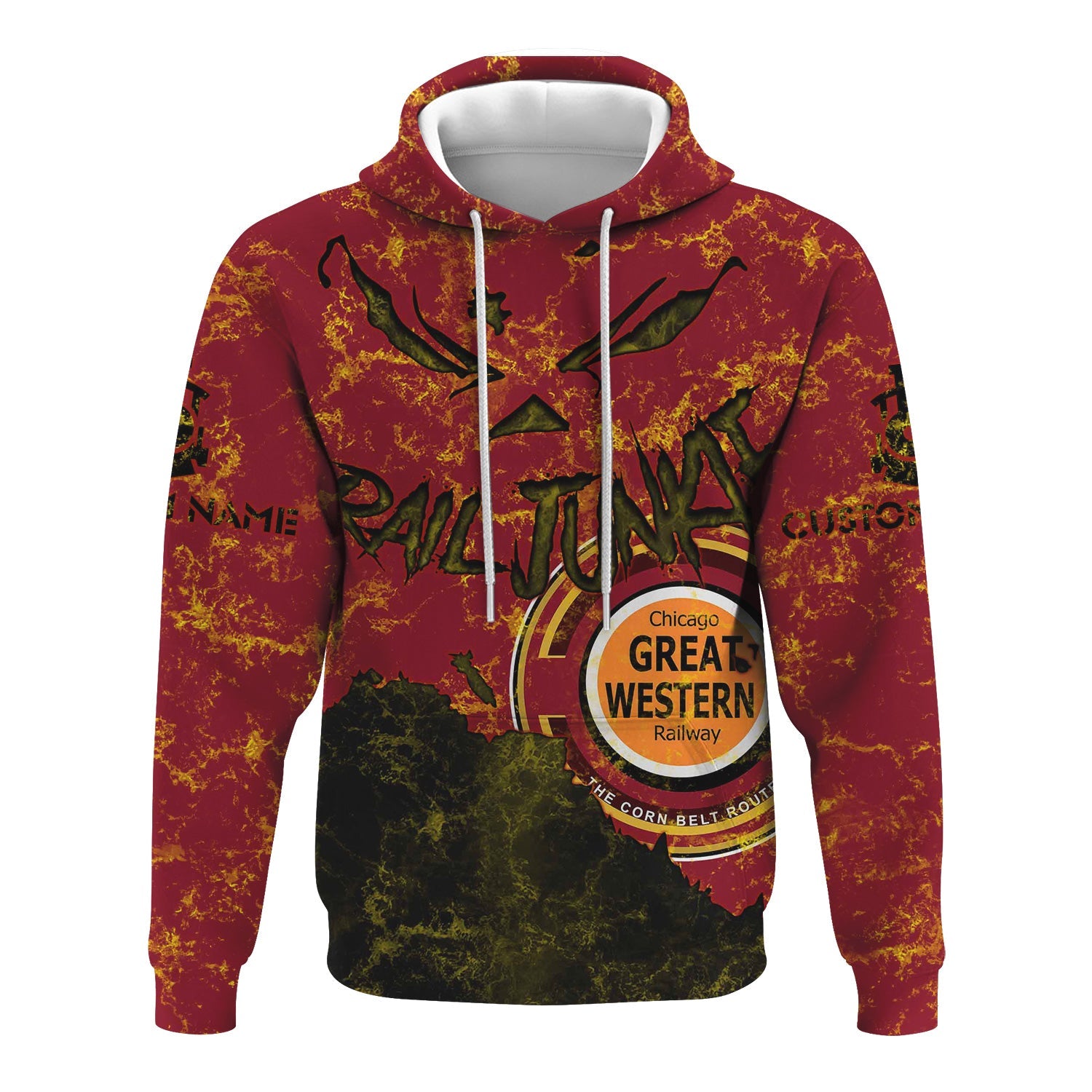Railspirit Personalized Chicago Great Western Railroad Hoodie Torn Graphic Style Train Zip Up Hoodie For Rail Junkie
