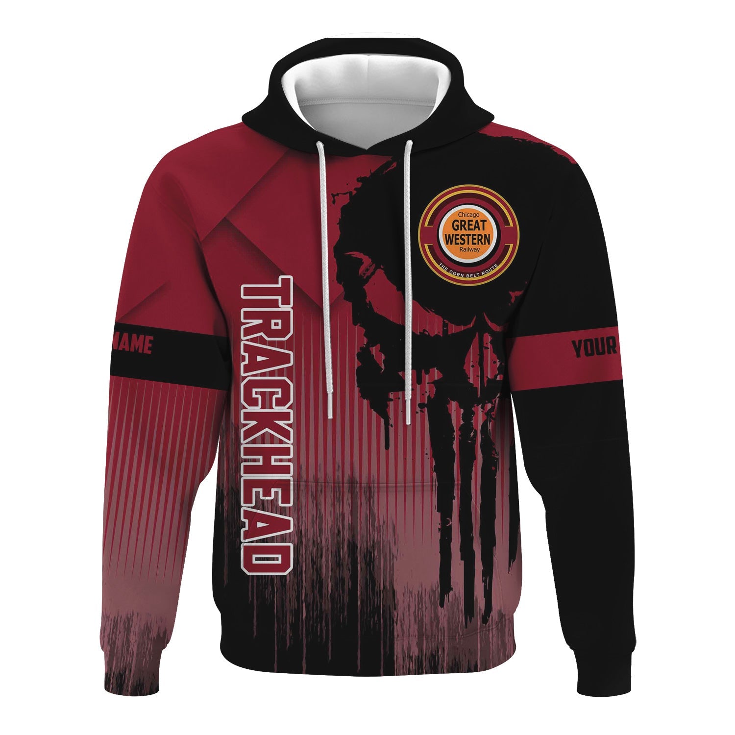 Railspirit Personalized Chicago Great Western Railroad Hoodie Skull Design with Custom Job Train Zip Up Hoodie for Trackhead Crew