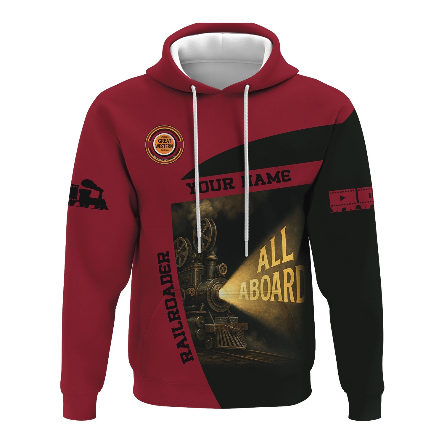 Railspirit Personalized Chicago Great Western Railroad Hoodie All Aboard Steam Train Movie Projector Style Zip Up Hoodie