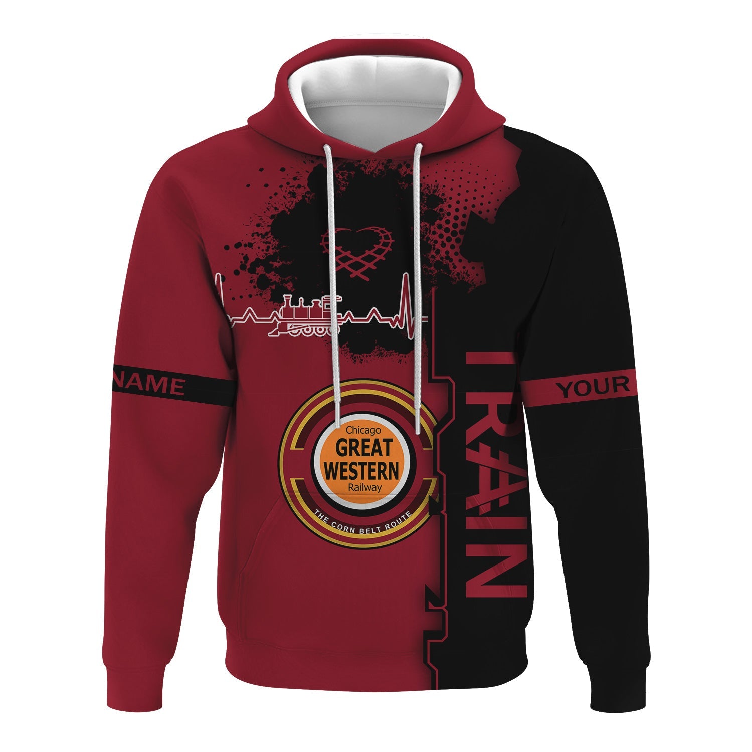 Railspirit Personalized Chicago Great Western Railroad Hoodie Engine Heartbeat and Track Love Style Zip Up Hoodie Gift Idea For Train Lovers