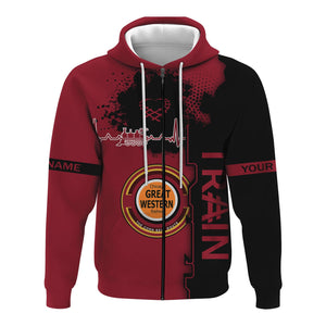 Railspirit Personalized Chicago Great Western Railroad Hoodie Engine Heartbeat and Track Love Style Zip Up Hoodie Gift Idea For Train Lovers