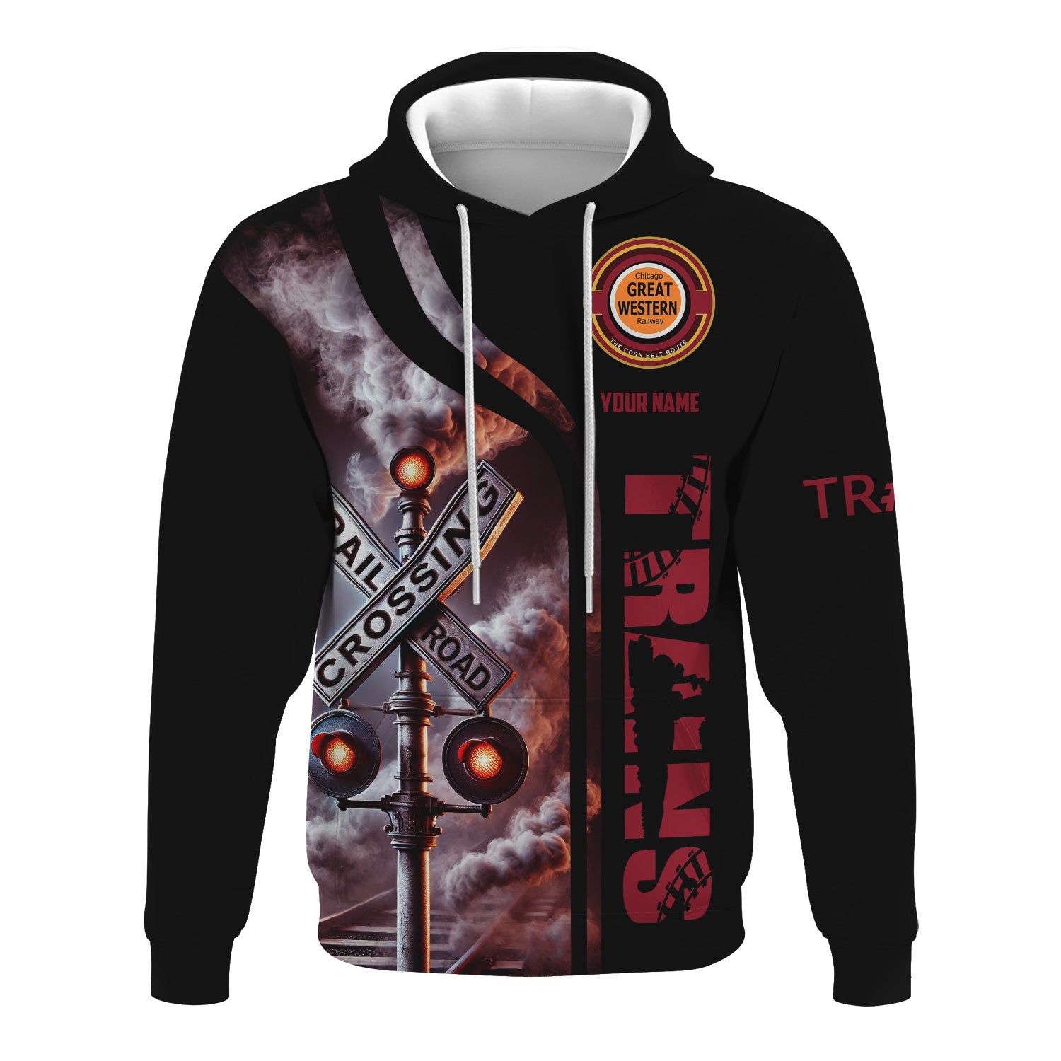 Railspirit Custom Name Chicago Great Western Railroad Hoodie Railroad Crossing Sign Printed Zip Hoodie