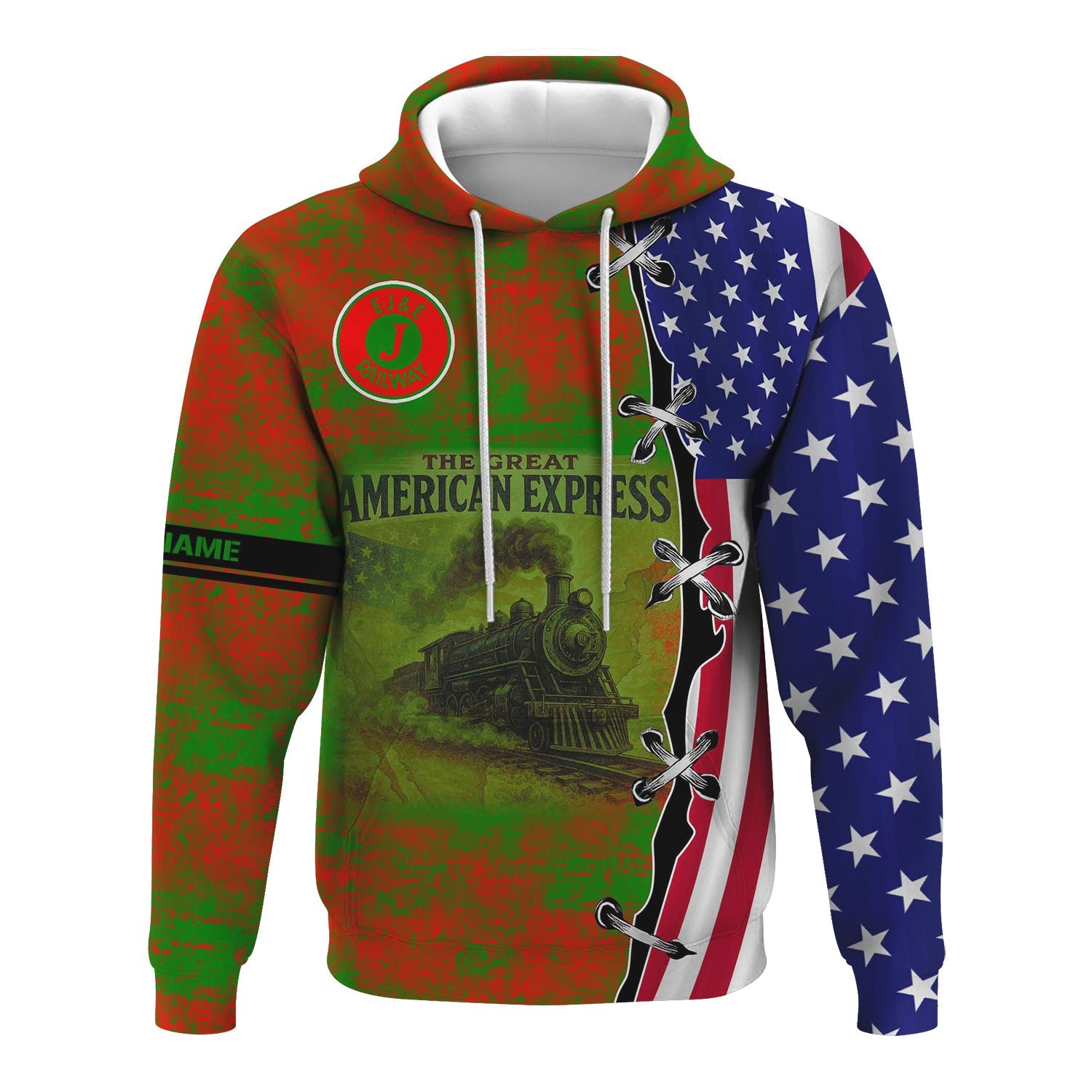 Railspirit Personalized Elgin Joliet And Eastern Railroad Hoodie Retro American Express Train With USA Flag Zip Up Hoodie