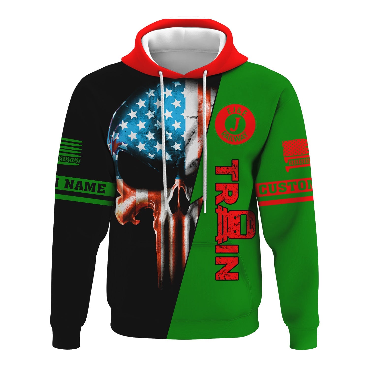 Railspirit Personalized Elgin Joliet And Eastern Railroad Hoodie Train Skull American Flag Zip Up Hoodie All Over Print