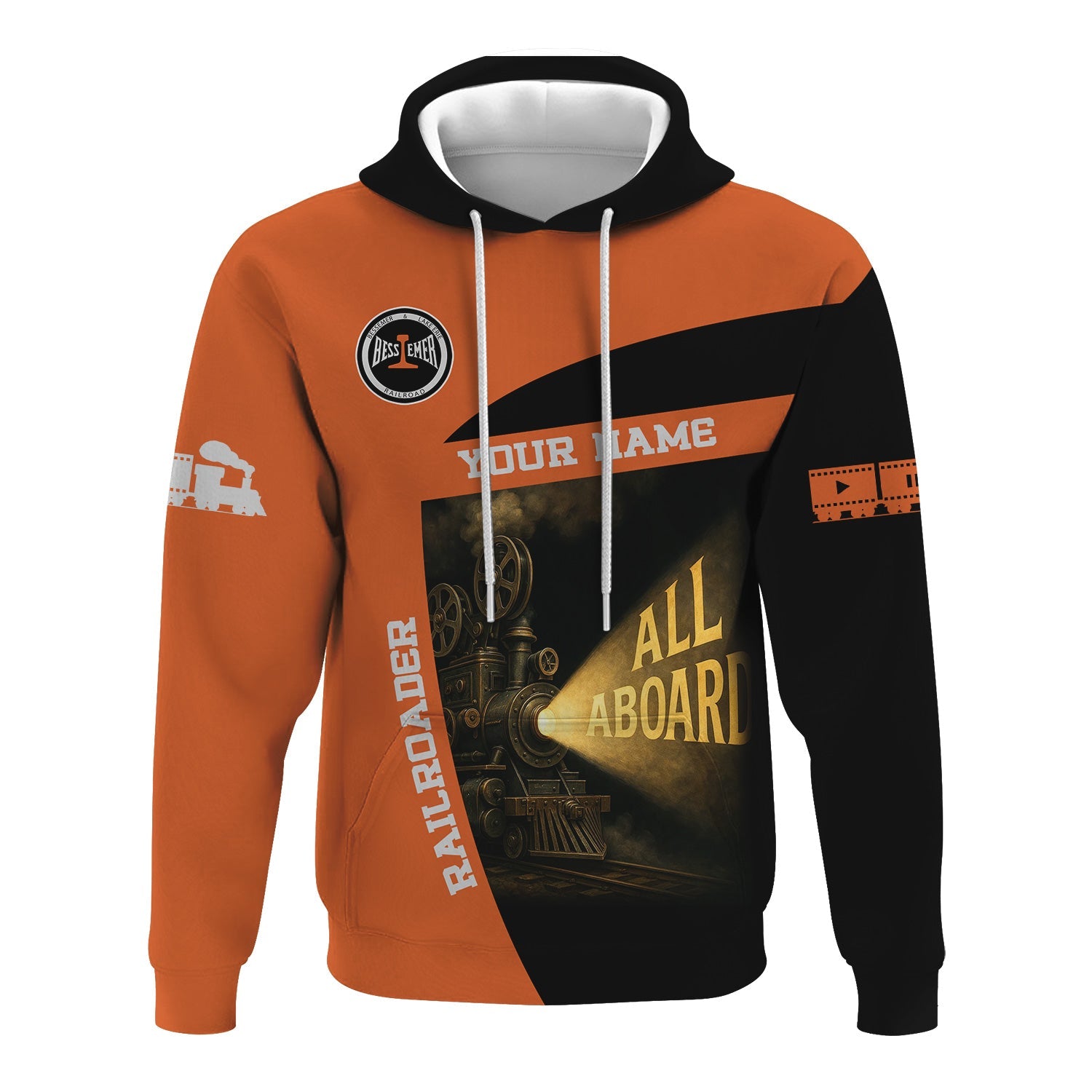 Railspirit Personalized Bessemer And Lake Erie Railroad Hoodie All Aboard Steam Train Movie Projector Style Zip Up Hoodie