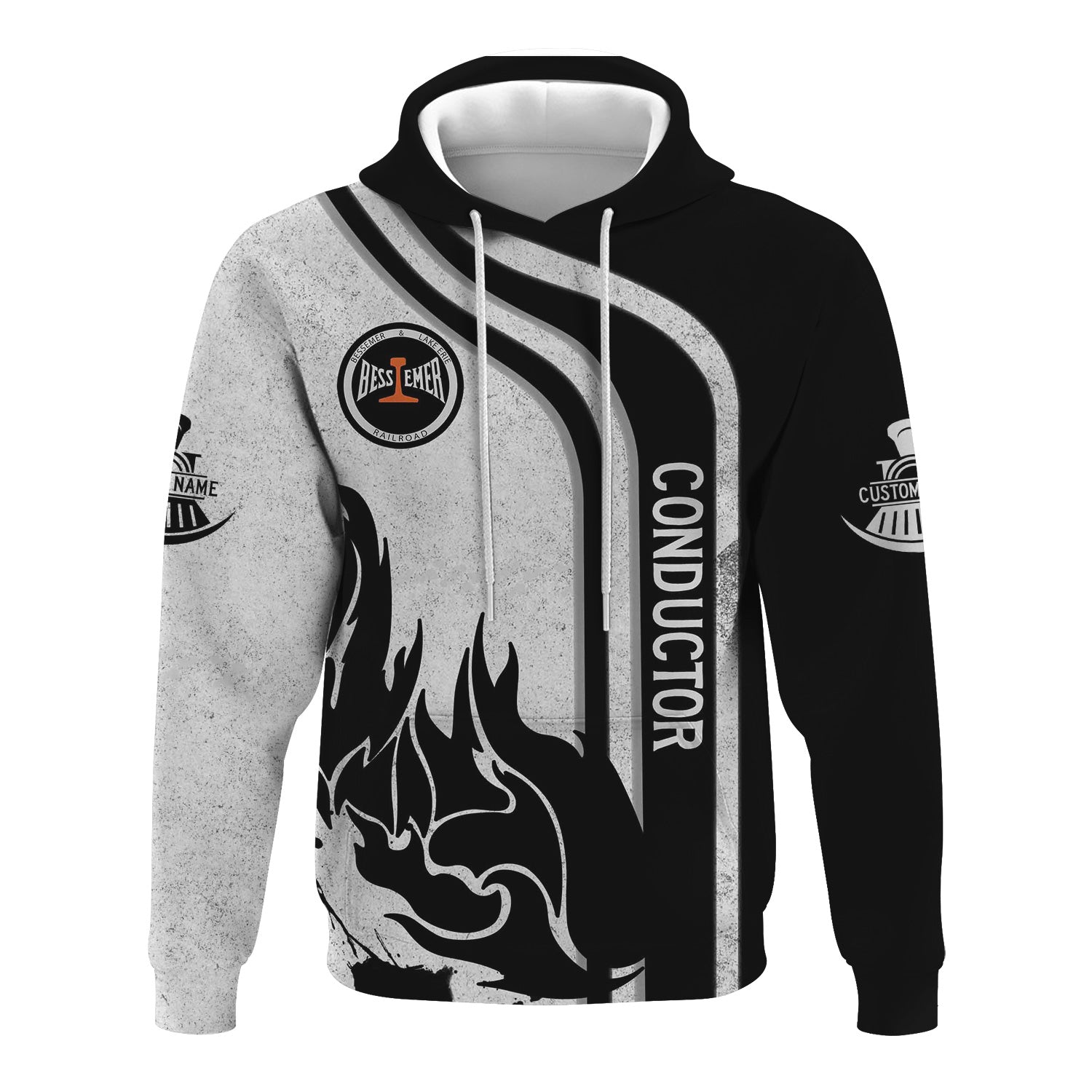 Railspirit Personalized Bessemer And Lake Erie Railroad Hoodie Flame Design with Custom Job Position Train Zip Up Hoodie