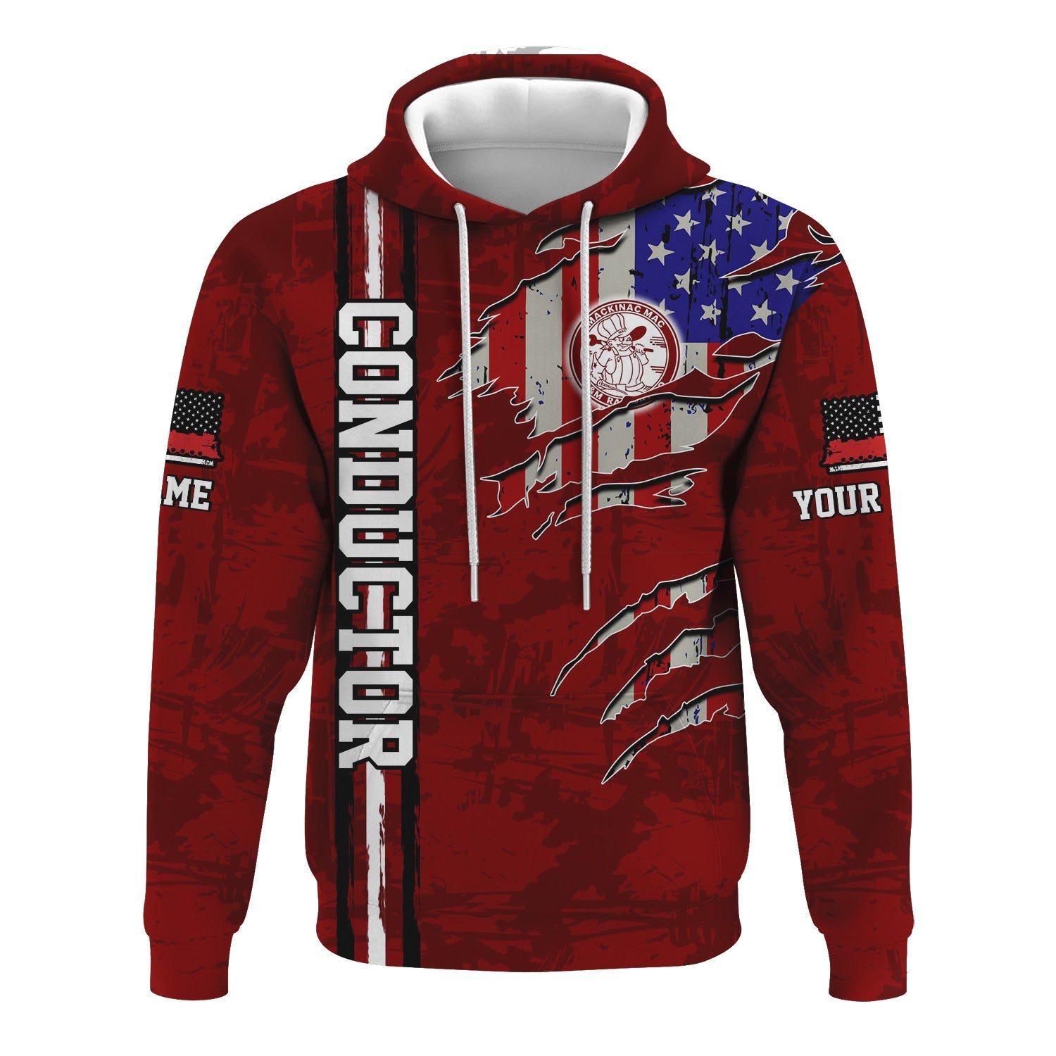 Railspirit Personalized Detroit & Mackinac Railroad Hoodie USA Flag Claw Art with Custom Job Train Zip Up Hoodie