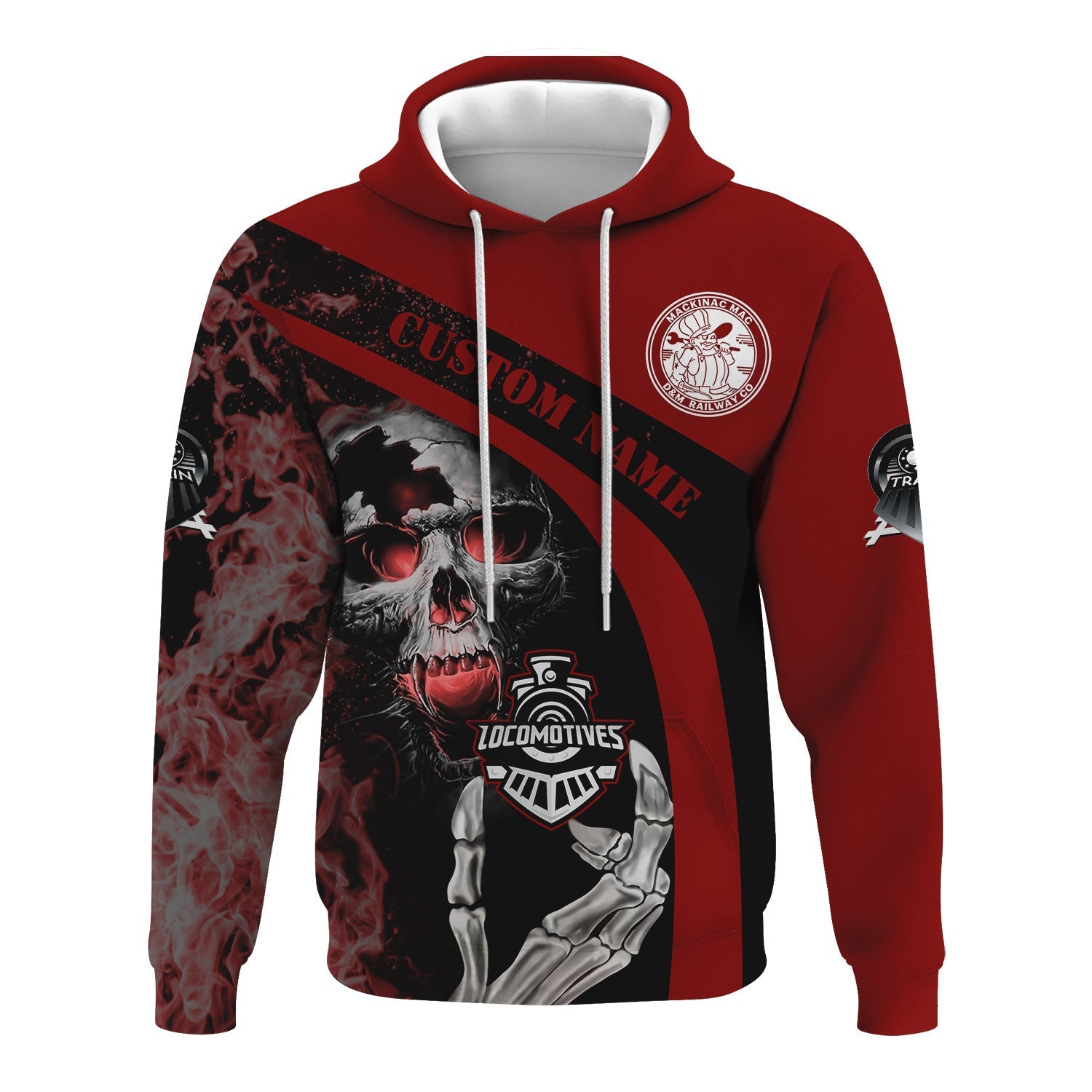 Railspirit Personalized Detroit & Mackinac Railroad Hoodie Flame Skull Design Train Zip Up Hoodie for Locomotive Fans