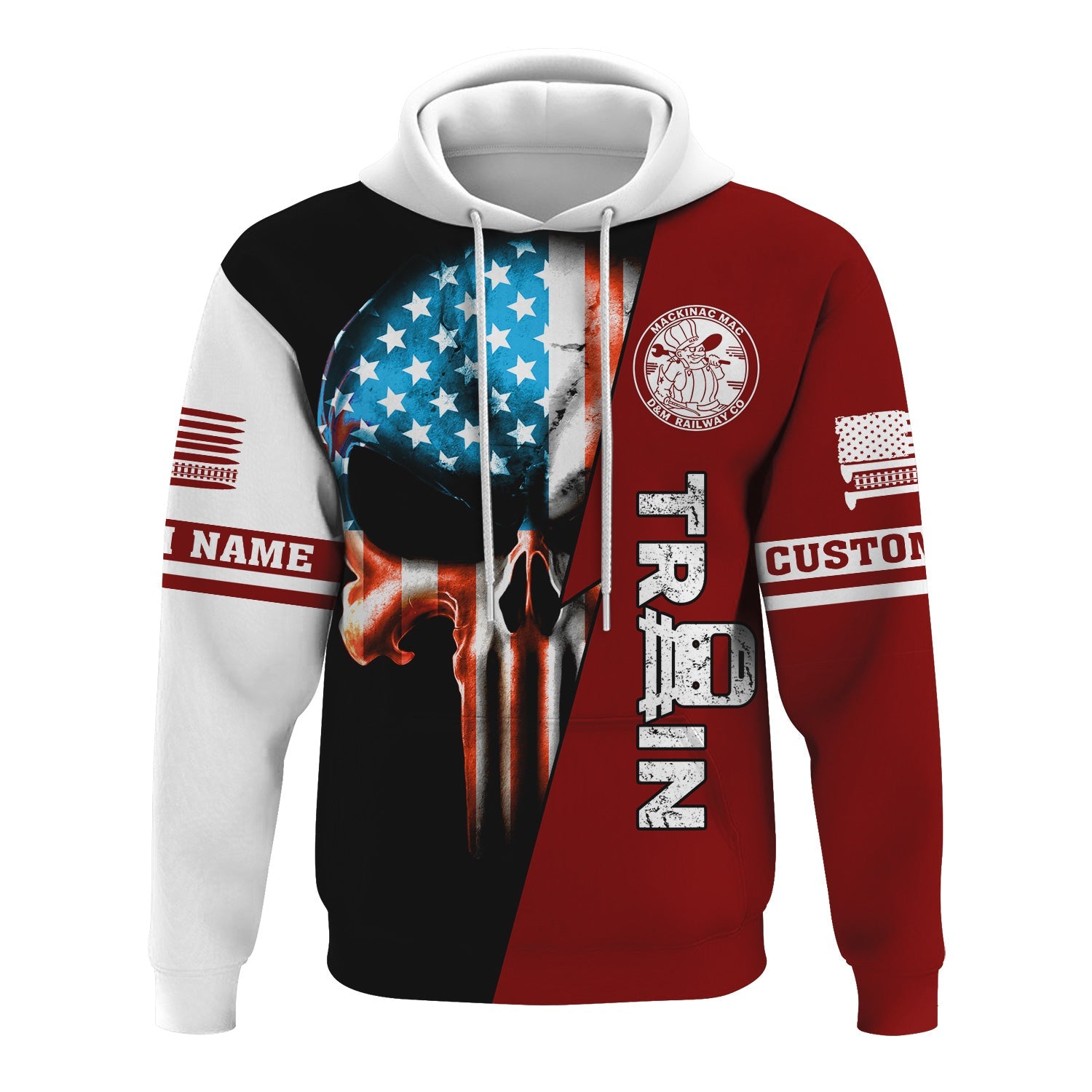 Railspirit Personalized Detroit & Mackinac Railroad Hoodie Train Skull American Flag Zip Up Hoodie All Over Print