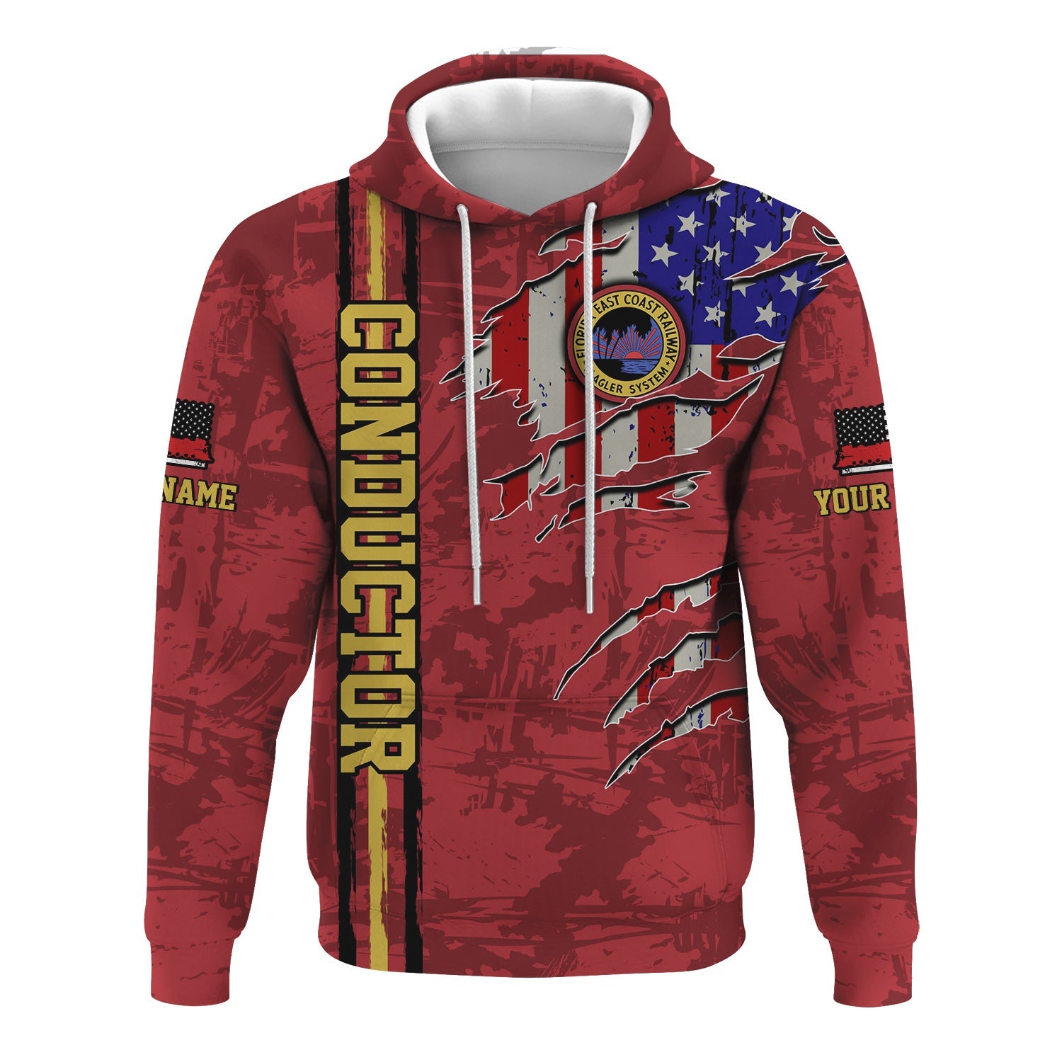 Railspirit Personalized Florida East Coast Railway Hoodie USA Flag Claw Art with Custom Job Train Zip Up Hoodie