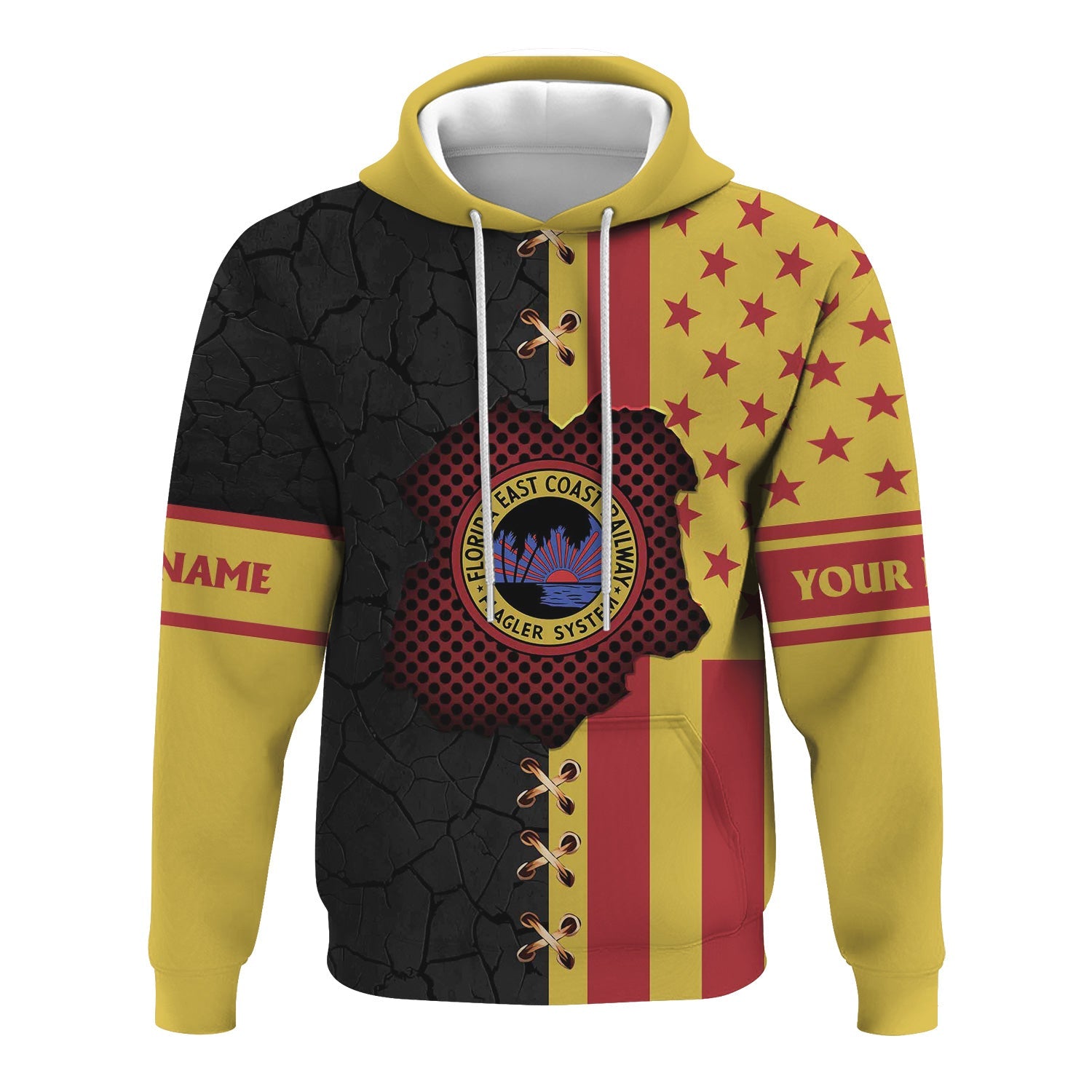 Railspirit Personalized Florida East Coast Railway Hoodie American Flag with Crack Effect Train Zip Up Hoodie