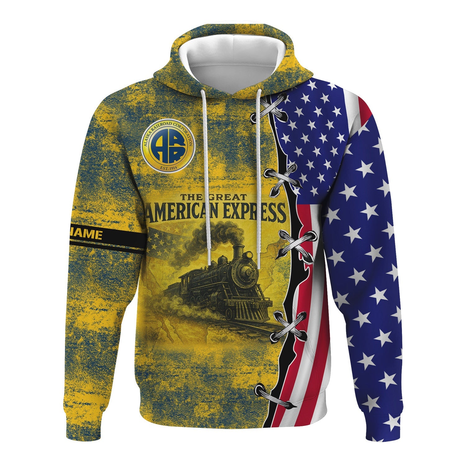 Railspirit Personalized Alaska Railroad Hoodie Retro American Express Train With USA Flag Zip Up Hoodie