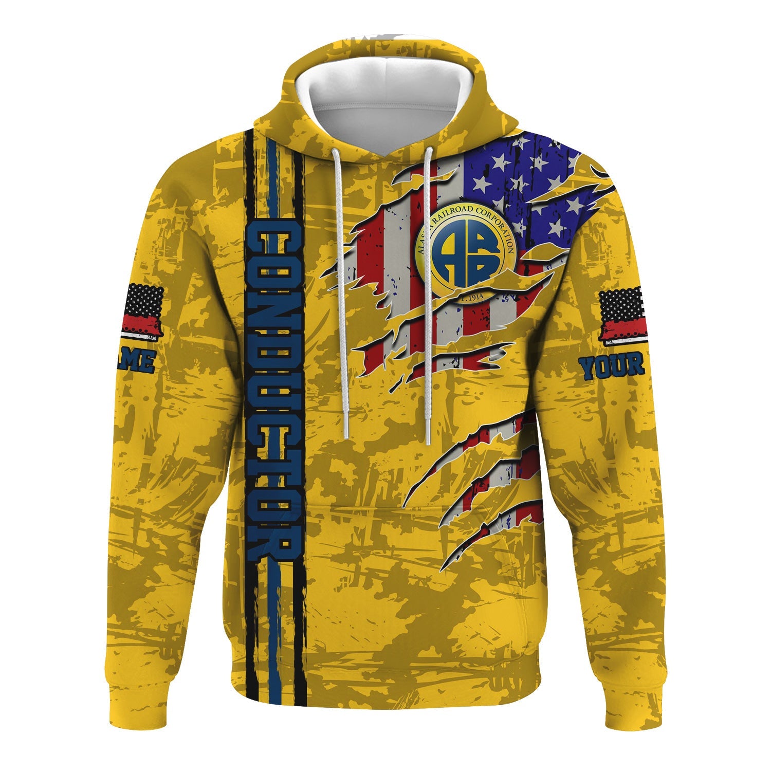 Railspirit Personalized Alaska Railroad Hoodie USA Flag Claw Art with Custom Job Train Zip Up Hoodie