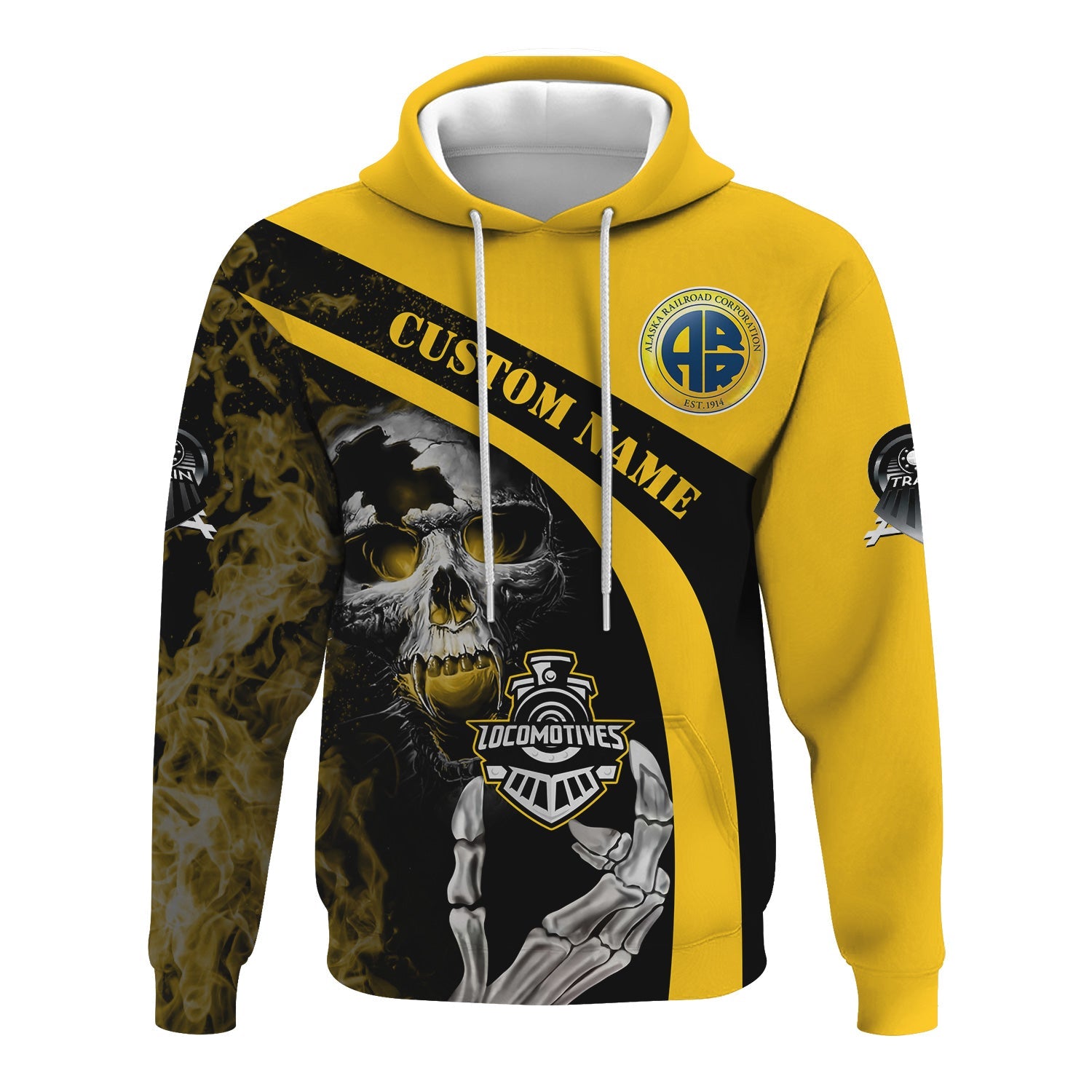 Railspirit Personalized Alaska Railroad Hoodie Flame Skull Design Train Zip Up Hoodie for Locomotive Fans
