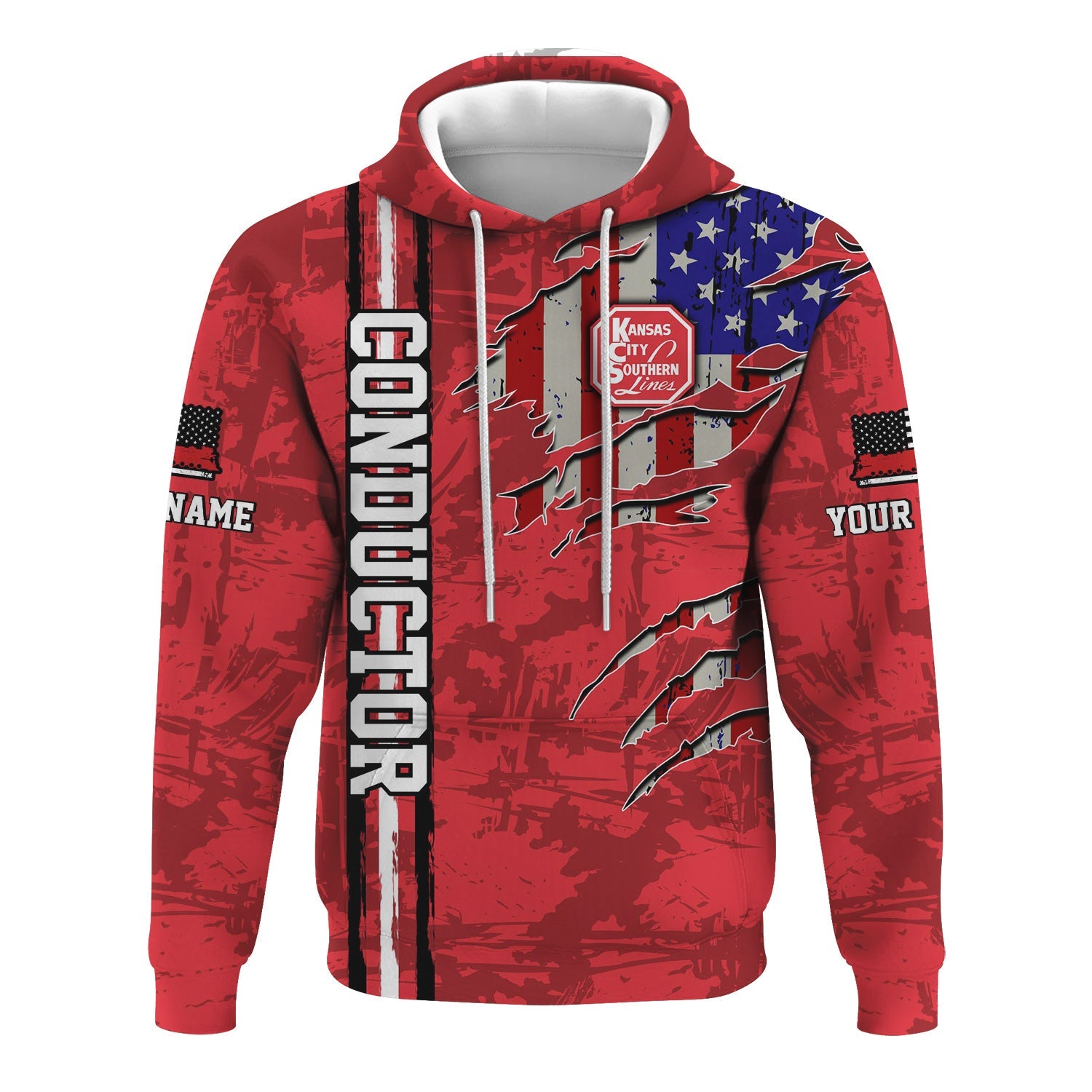 Railspirit Personalized Kansas City Southern Hoodie USA Flag Claw Art with Custom Job Train Zip Up Hoodie