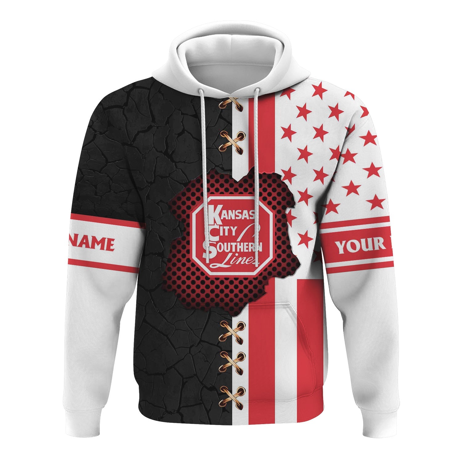 Railspirit Personalized Kansas City Southern Hoodie American Flag with Crack Effect Train Zip Up Hoodie