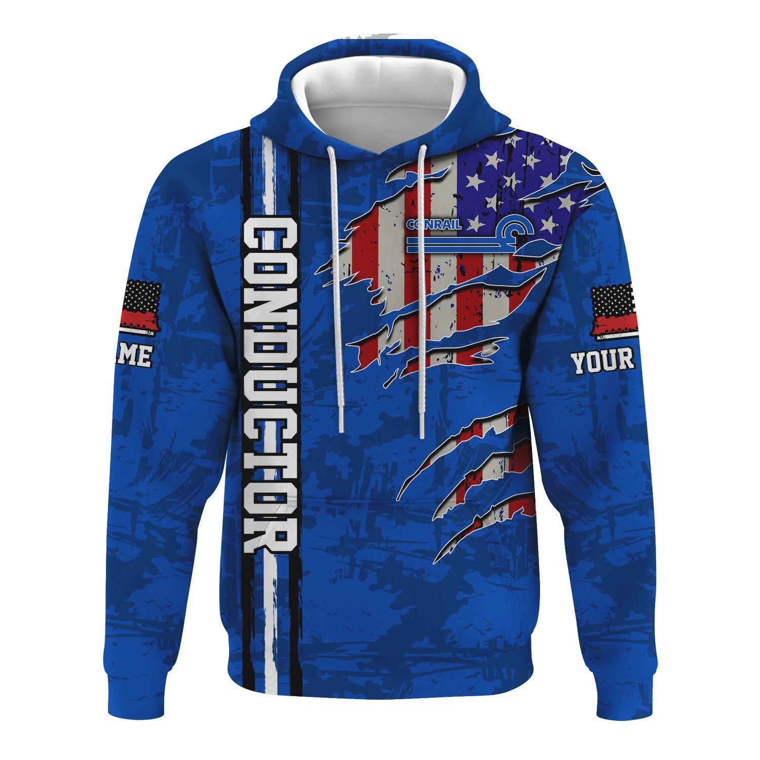 Railspirit Personalized Conrail Railroad Hoodie USA Flag Claw Art with Custom Job Train Zip Up Hoodie