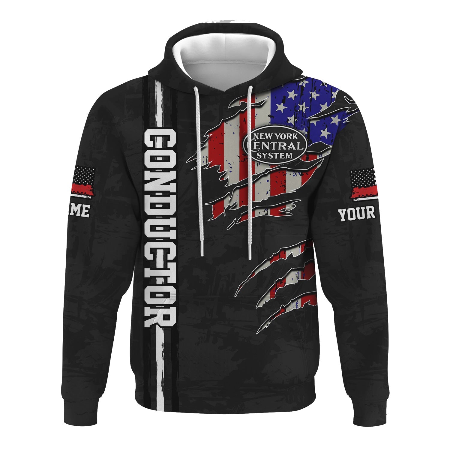 Railspirit Personalized New York Central Railroad Hoodie USA Flag Claw Art with Custom Job Train Zip Up Hoodie