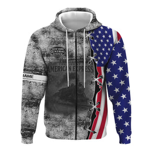 Railspirit Personalized New York Central Railroad Hoodie Retro American Express Train With USA Flag Zip Up Hoodie