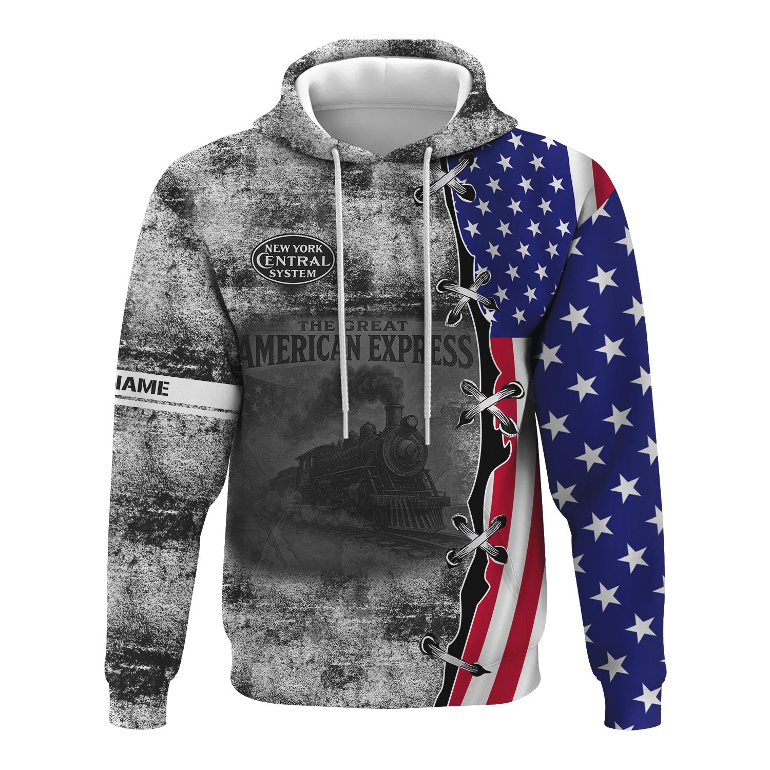 Railspirit Personalized New York Central Railroad Hoodie Retro American Express Train With USA Flag Zip Up Hoodie