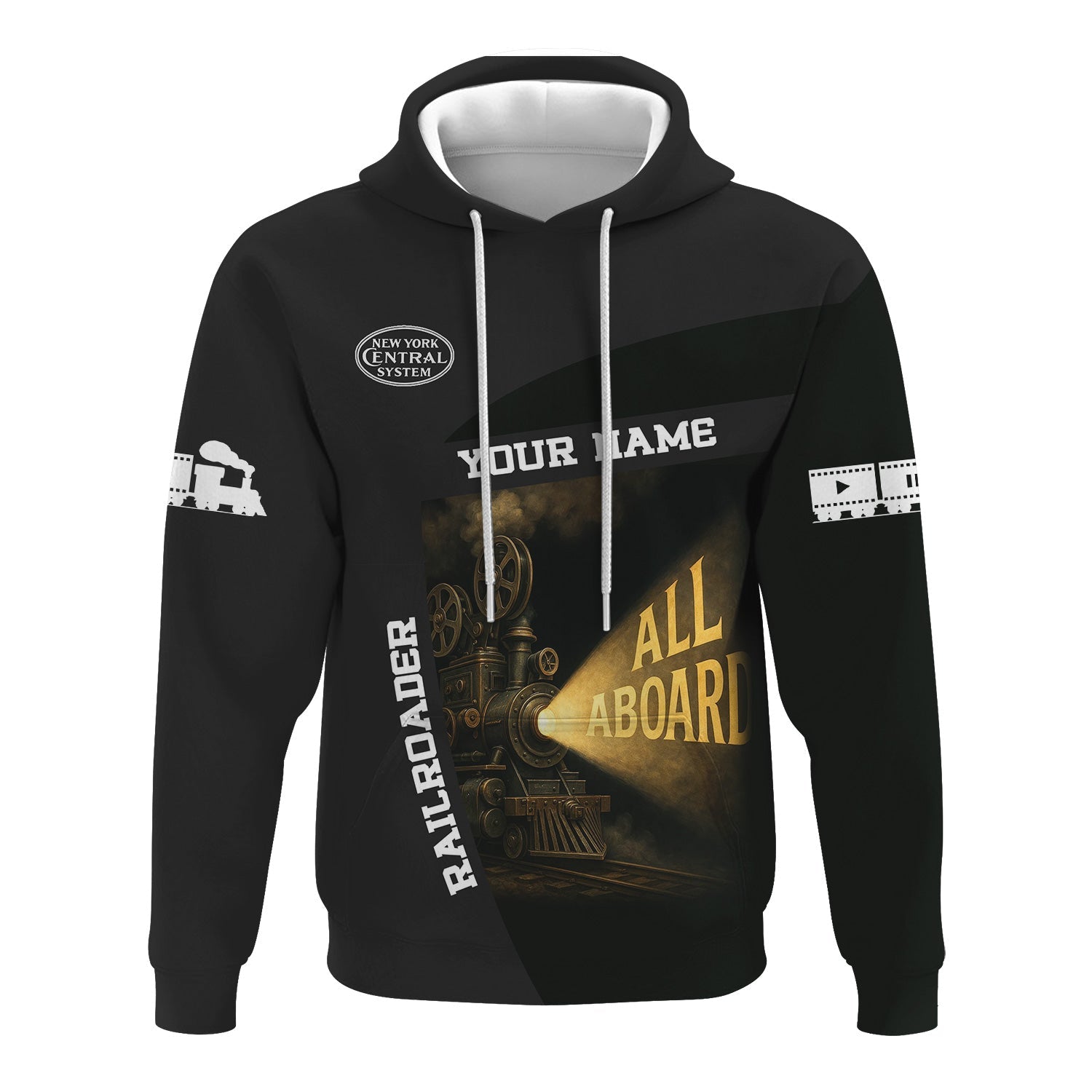 Railspirit Personalized New York Central Railroad Hoodie All Aboard Steam Train Movie Projector Style Zip Up Hoodie
