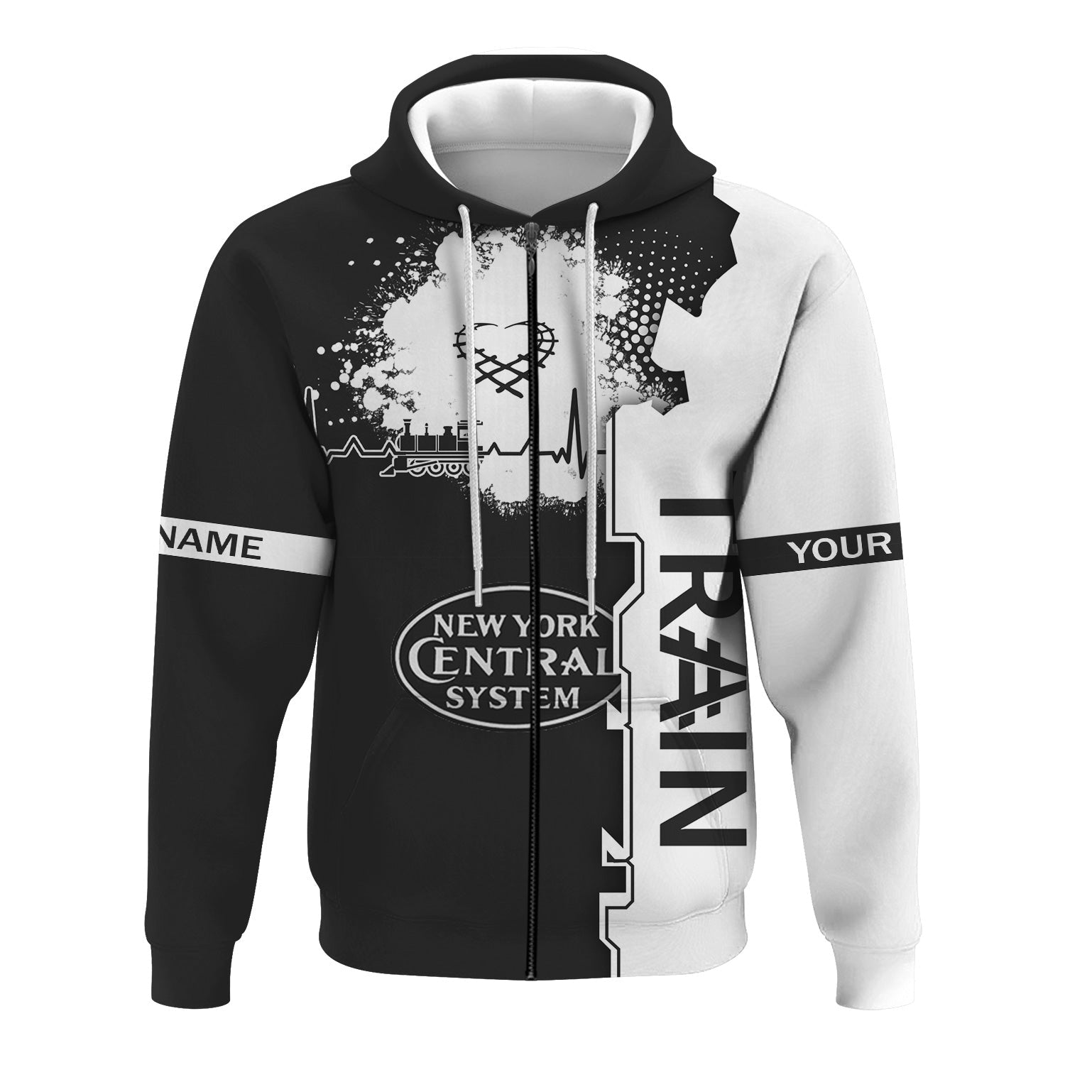 Railspirit Personalized New York Central Railroad Hoodie Engine Heartbeat and Track Love Style Zip Up Hoodie Gift Idea For Train Lovers