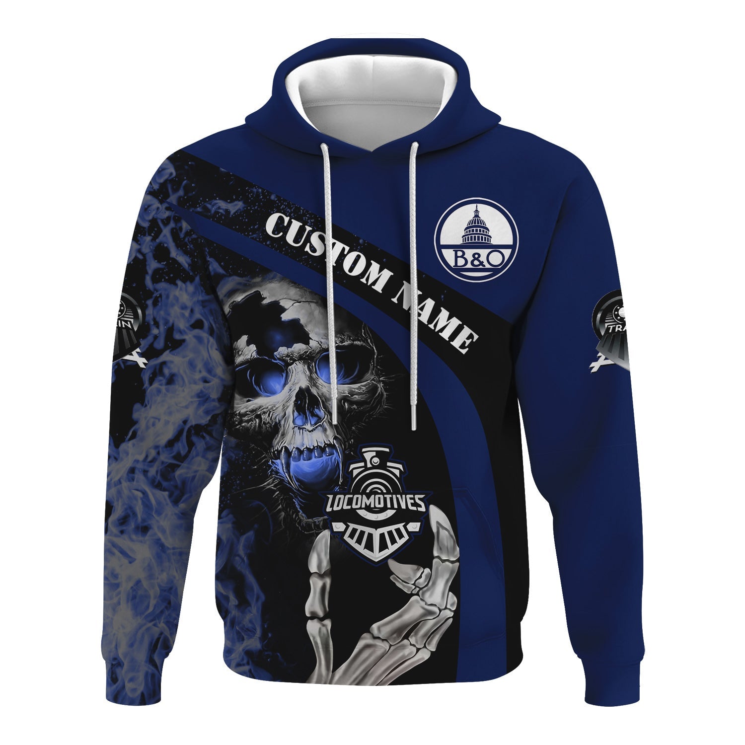 Railspirit Personalized Baltimore and Ohio Railroad Hoodie Flame Skull Design B&O Train Zip Up Hoodie for Locomotive Fans
