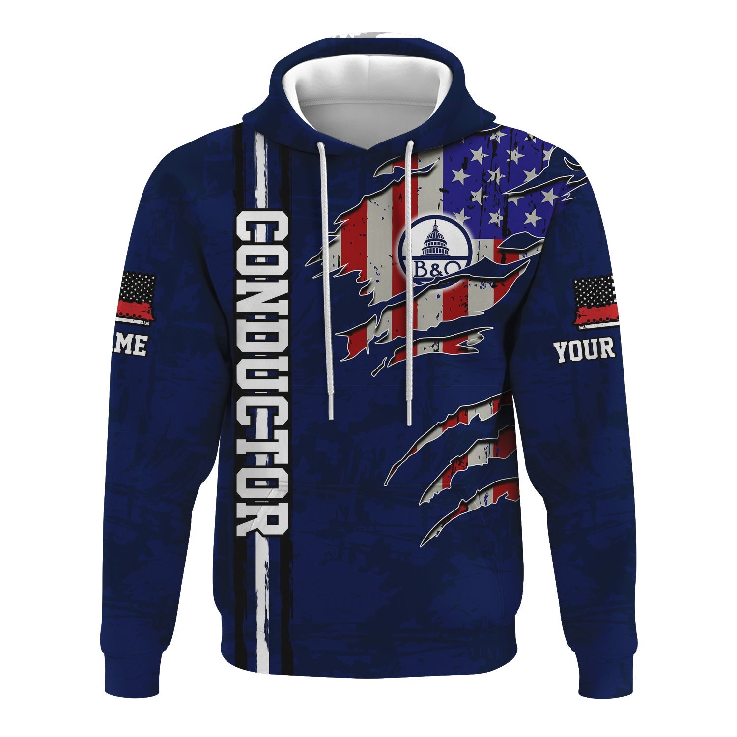 Railspirit Personalized Baltimore and Ohio Railroad Hoodie USA Flag Claw Art with Custom Job B&O Train Zip Up Hoodie