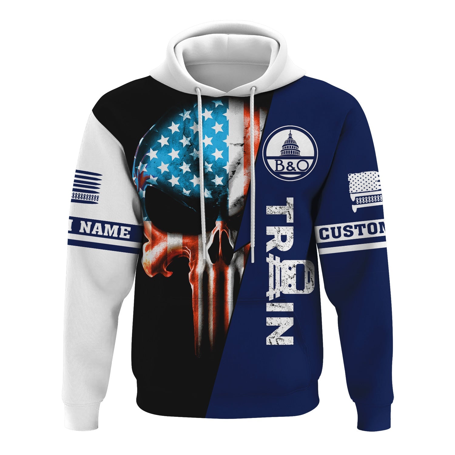 Railspirit Personalized Baltimore and Ohio Railroad Hoodie Train Skull American Flag B&O Zip Up Hoodie All Over Print