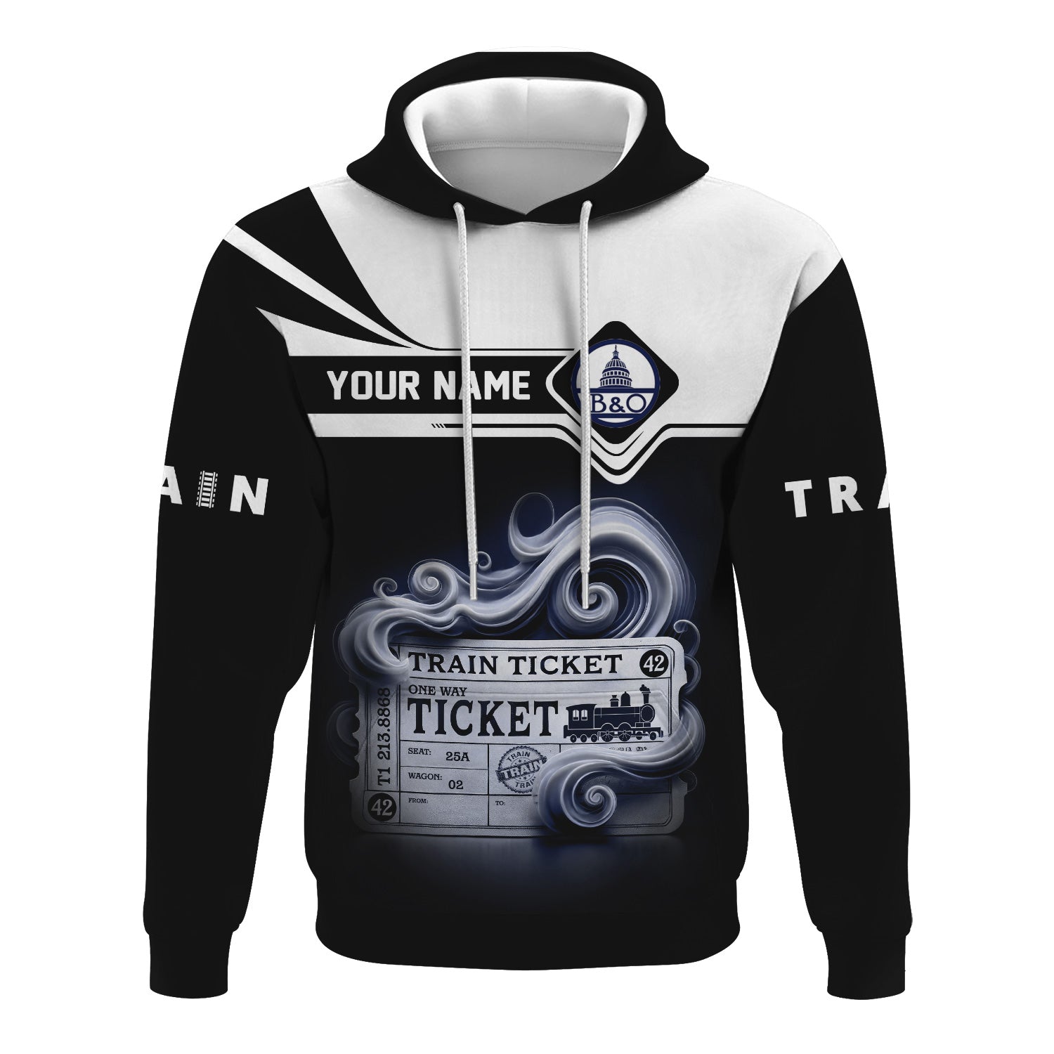 Railspirit Custom Name Baltimore and Ohio Railroad Hoodie American Train Ticket B&O Printed Zip Hoodie