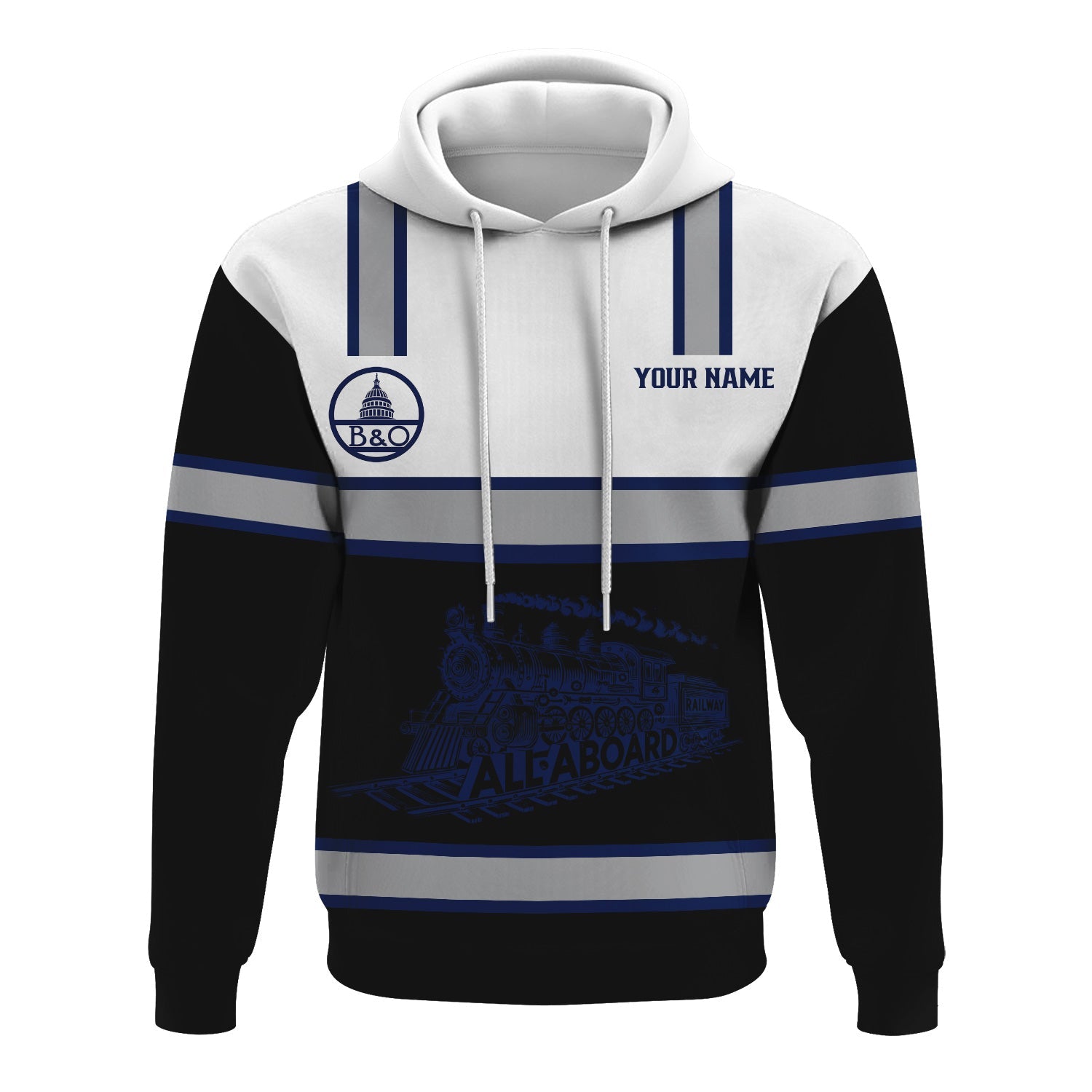 Railspirit Custom Name Baltimore and Ohio Railroad Hoodie Eat Train Sleep Repeat B&O Printed Train Zip Hoodie
