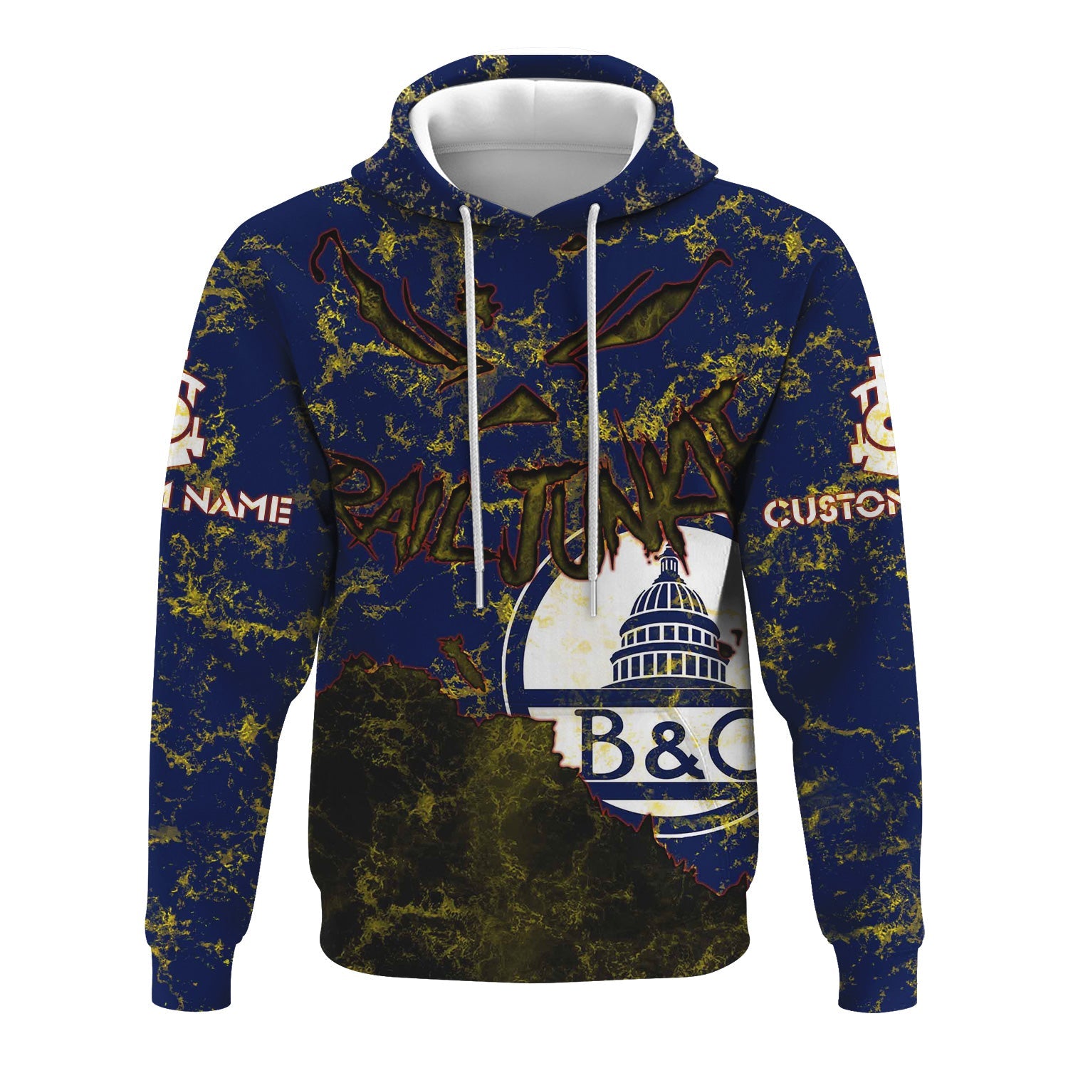 Railspirit Personalized Baltimore and Ohio Railroad Hoodie Torn Graphic Style B&O Train Zip Up Hoodie For Rail Junkie