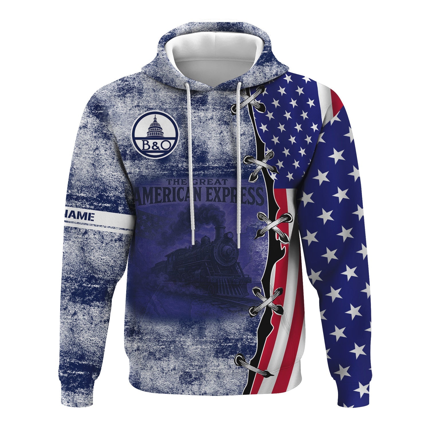 Railspirit Personalized Baltimore and Ohio Railroad Hoodie Retro American Express Train With USA Flag B&O Zip Up Hoodie