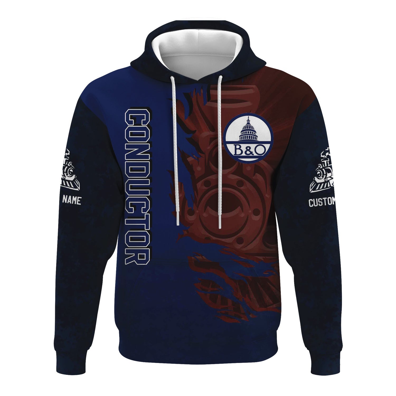 Railspirit Personalized Baltimore and Ohio Railroad Hoodie Blazing Style with Custom Position B&O Train Zip Up Hoodie