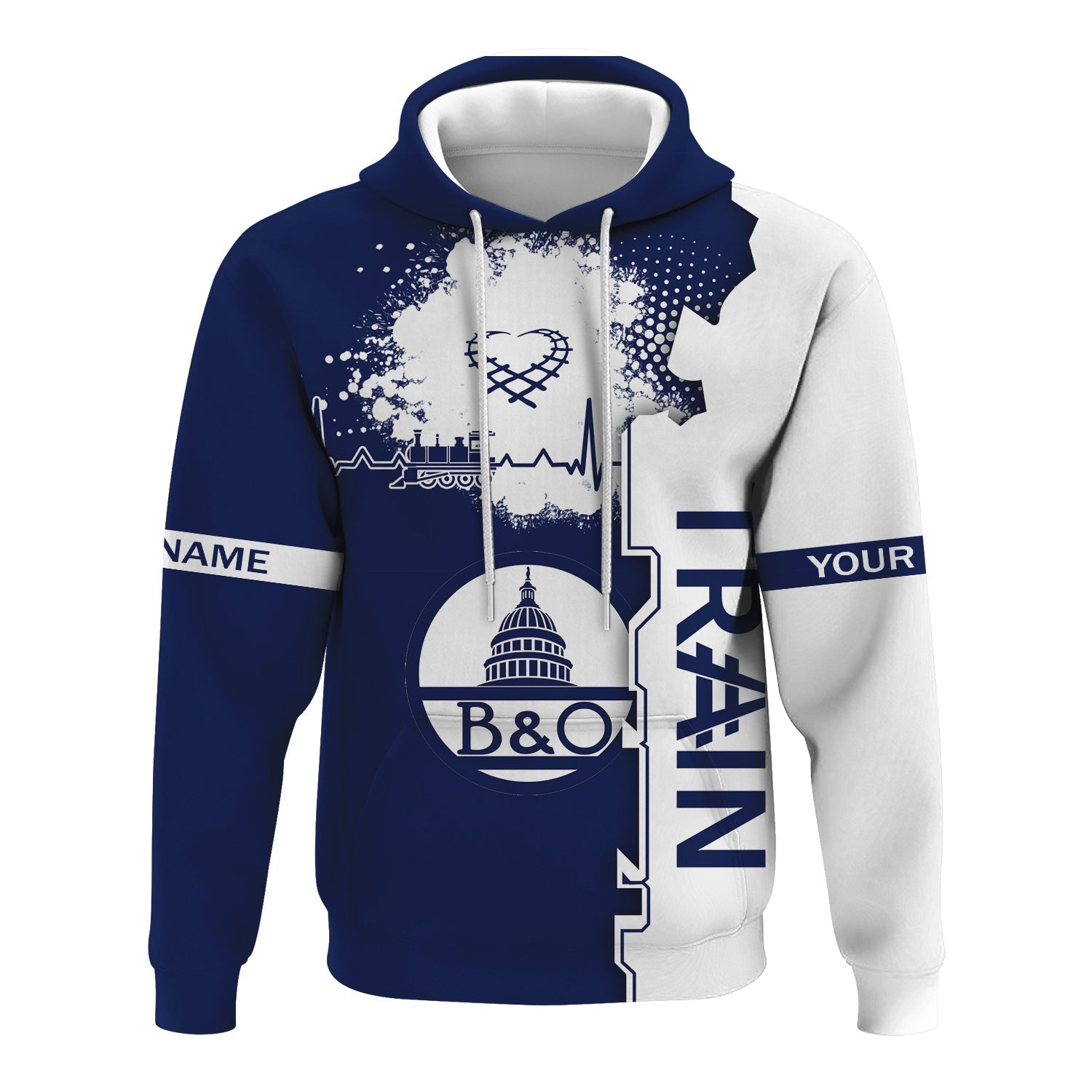 Railspirit Personalized Baltimore and Ohio Railroad Hoodie Engine Heartbeat and Track Love Style B&O Zip Up Hoodie Gift Idea For Train Lovers