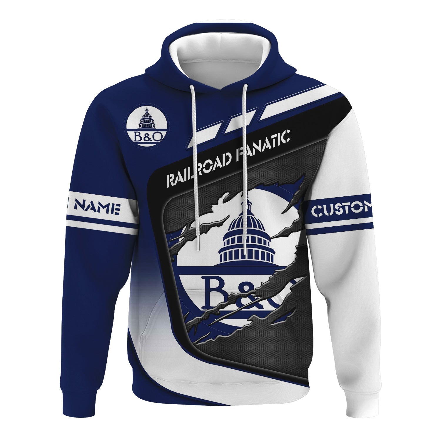 Railspirit Personalized Baltimore and Ohio Railroad Hoodie Ripped Texture Style B&O Train Zip Up Hoodie For Railroad Fanatic