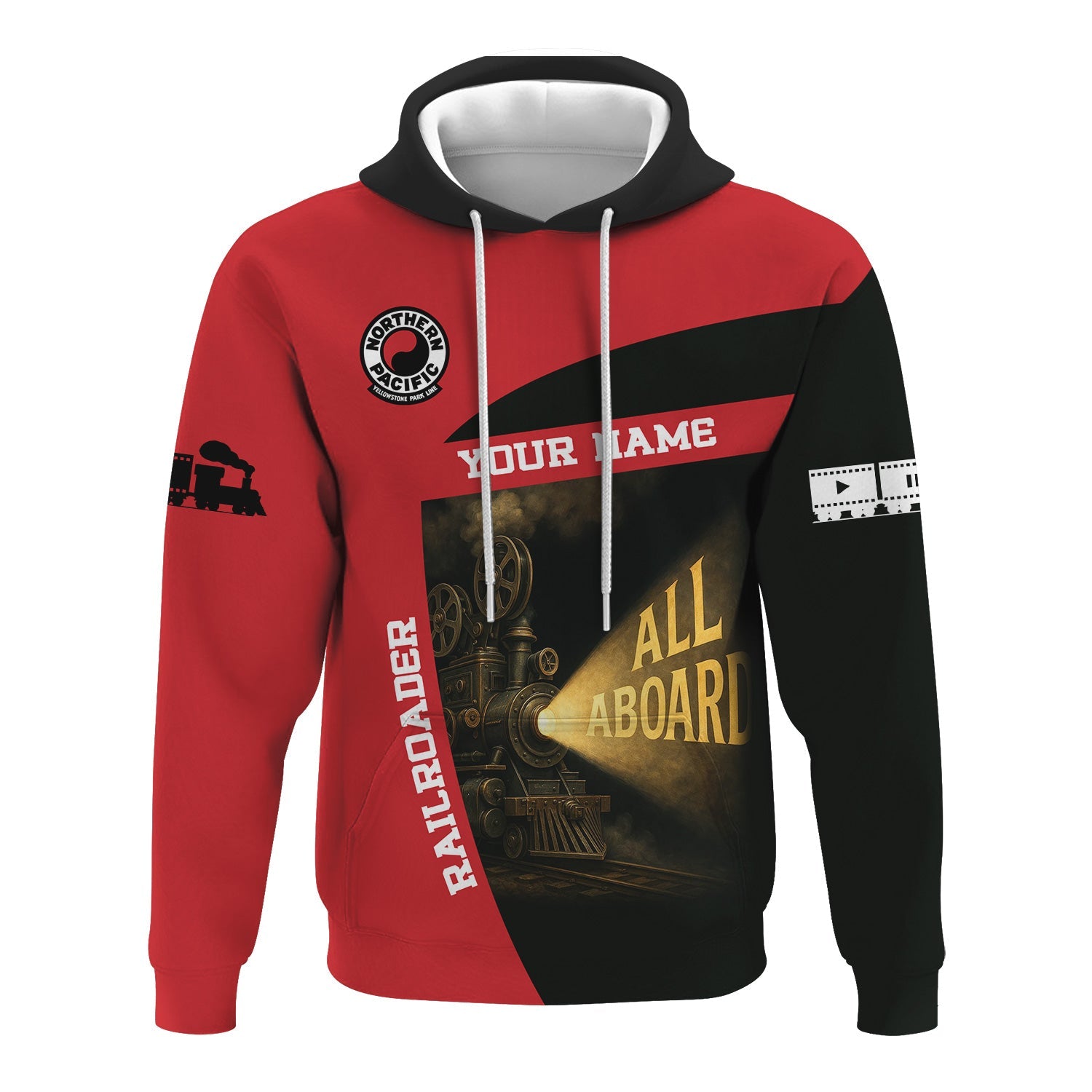 Railspirit Personalized Northern Pacific Railway Hoodie All Aboard Steam Train Movie Projector Style Zip Up Hoodie