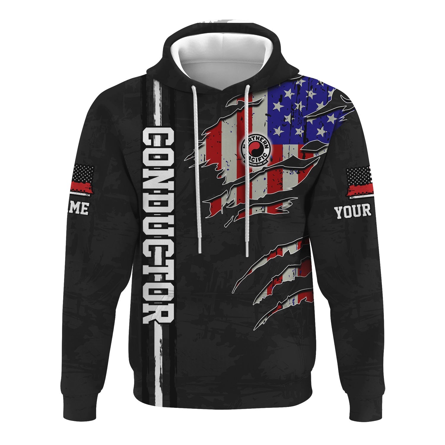 Railspirit Personalized Northern Pacific Railway Hoodie USA Flag Claw Art with Custom Job Train Zip Up Hoodie