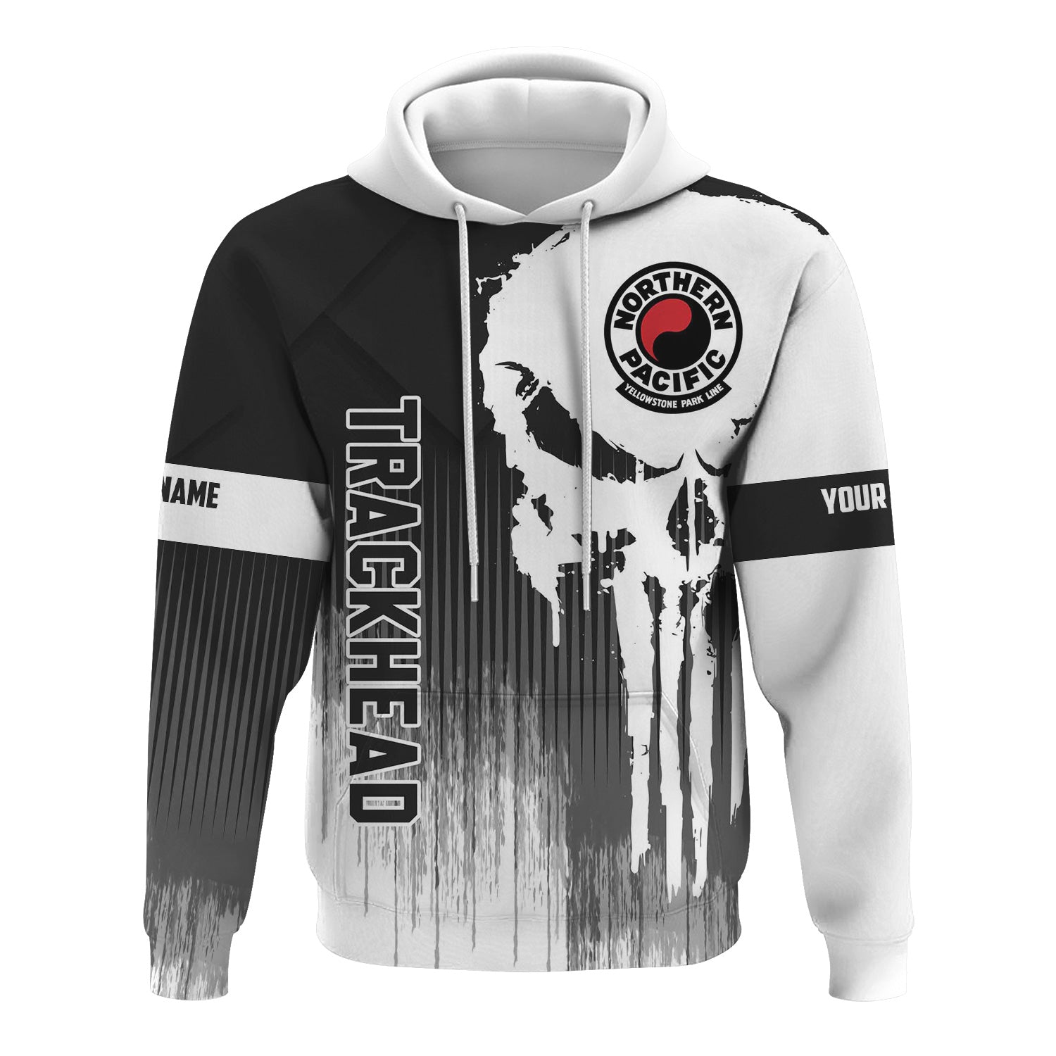 Railspirit Personalized Northern Pacific Railway Hoodie Skull Design with Custom Job Train Zip Up Hoodie for Trackhead Crew