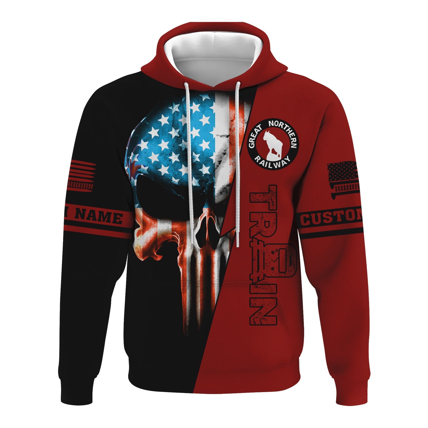 Railspirit Personalized Great Northern Railway Hoodie Train Skull American Flag GNR Zip Up Hoodie All Over Print