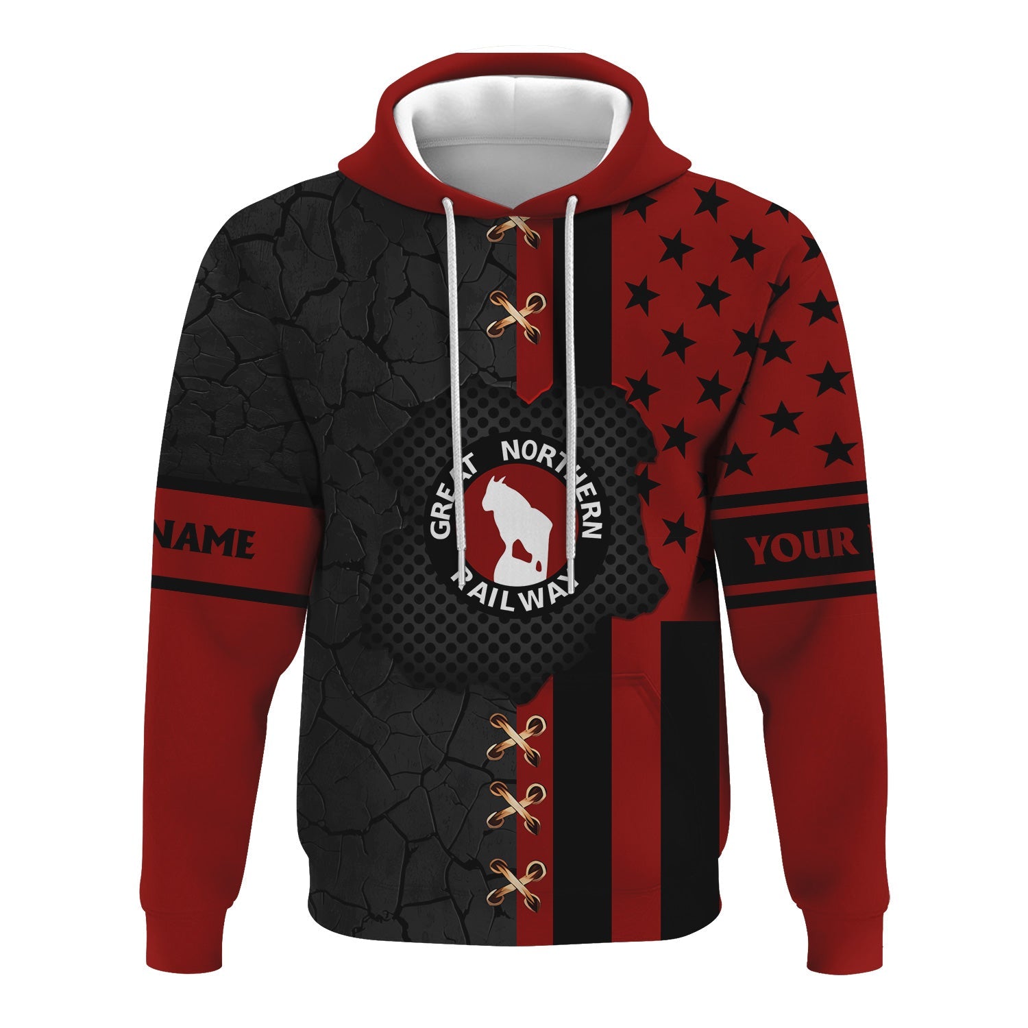 Railspirit Personalized Great Northern Railway Hoodie American Flag with Crack Effect GNR Train Zip Up Hoodie