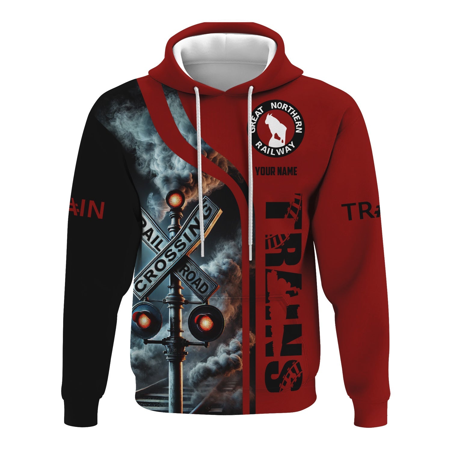 Railspirit Custom Name Great Northern Railway Hoodie Railroad Crossing Sign GNR Printed Zip Hoodie